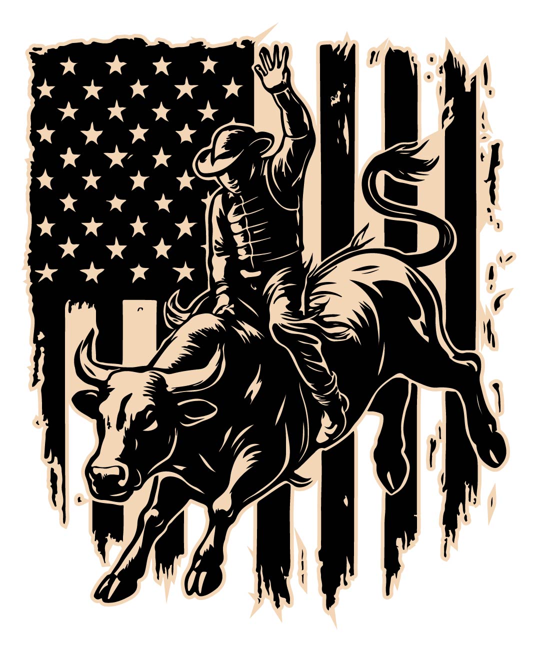 Rodeo cowboy on a bull with an American flag in the background