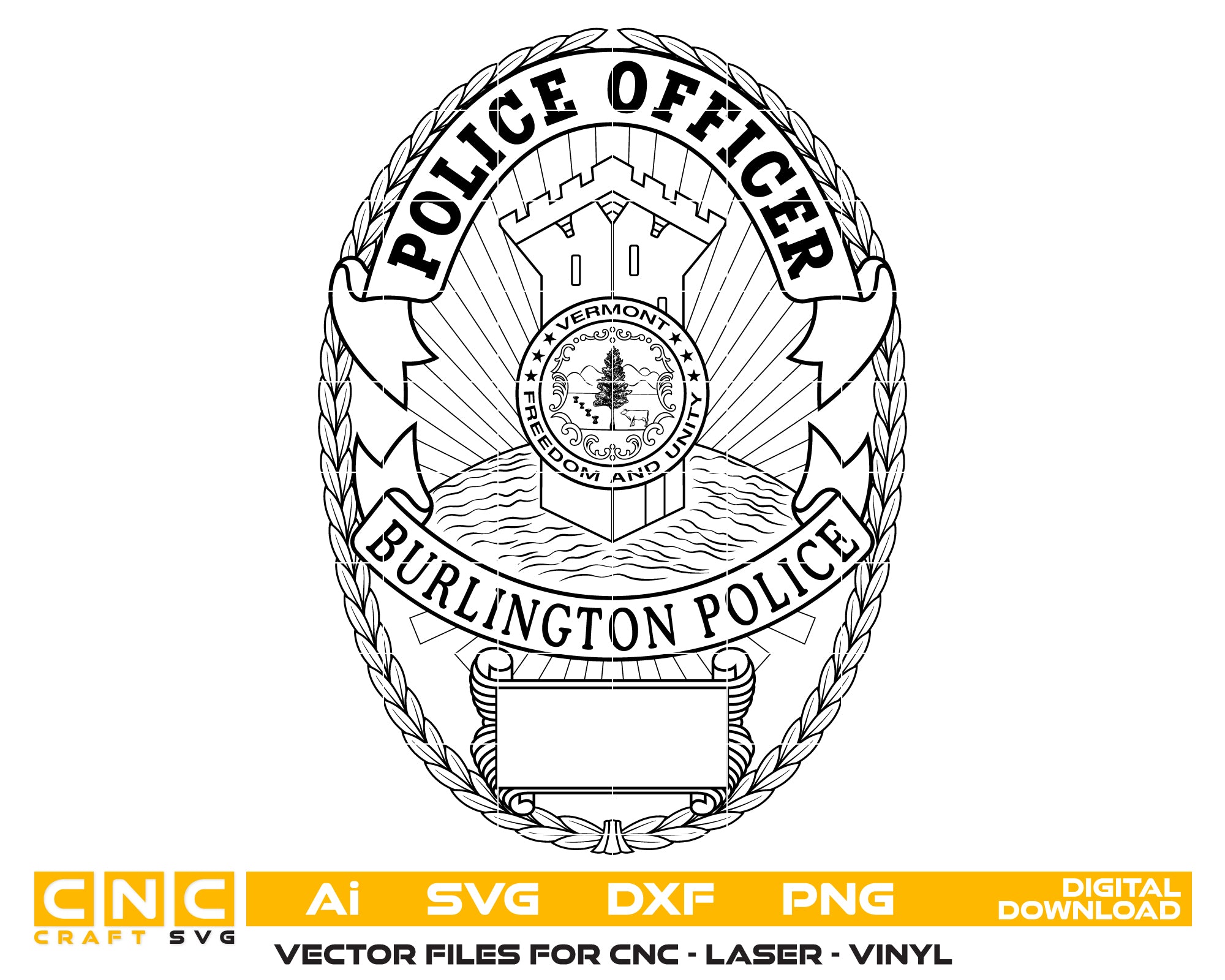Burlington Police Officer Badge SVG digital download, Vermont police officer emblem vector design for Cricut, Silhouette, CNC, engraving, and law enforcement crafts.