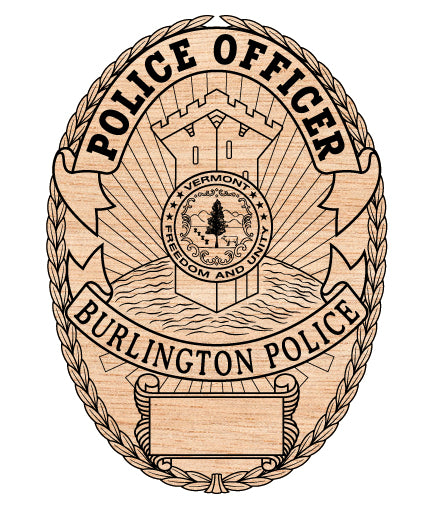 Burlington Police Officer Badge SVG digital download, Vermont police officer emblem vector design for Cricut, Silhouette, CNC, engraving, and law enforcement crafts.