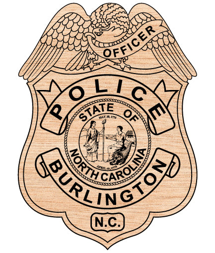 Burlington Police Officer Badge SVG digital download, North Carolina police officer emblem vector design for Cricut, Silhouette, CNC, engraving, and law enforcement crafts.