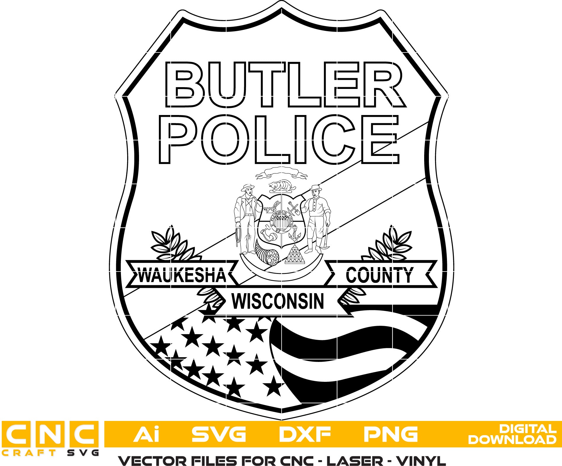 Butler Police Badge Vector Art, Ai,SVG, DXF, PNG, Digital Files