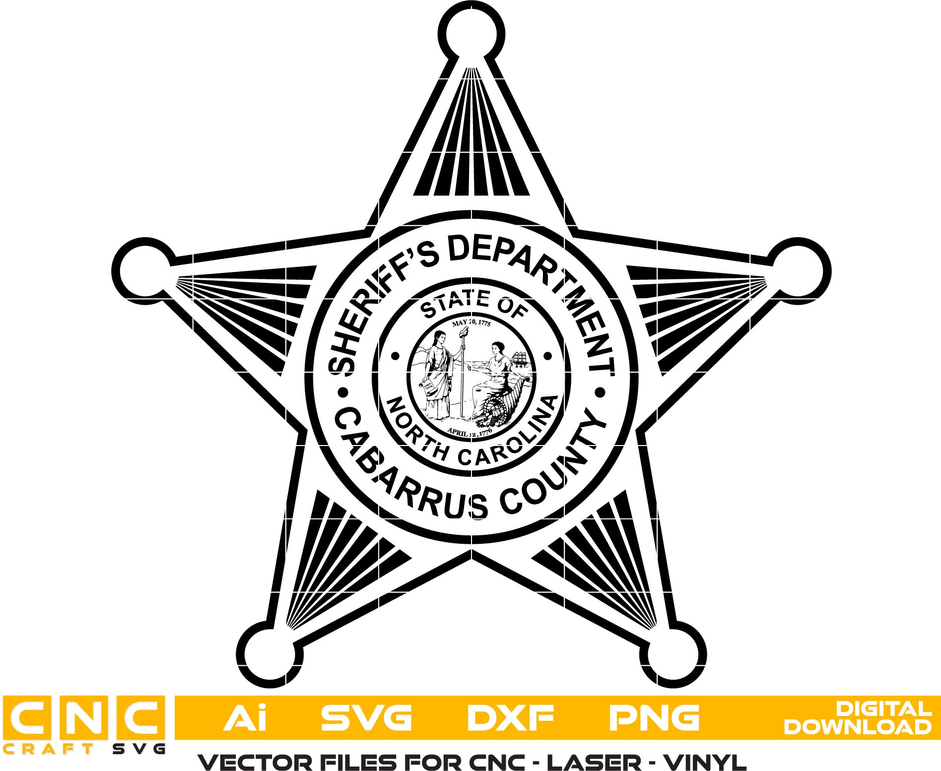 Cabarrus County Sheriff Badge Vector art Svg, Dxf, Jpg, Png, and Ai files For laser engraving, woodworking, acrylic painting, and all printing machines.