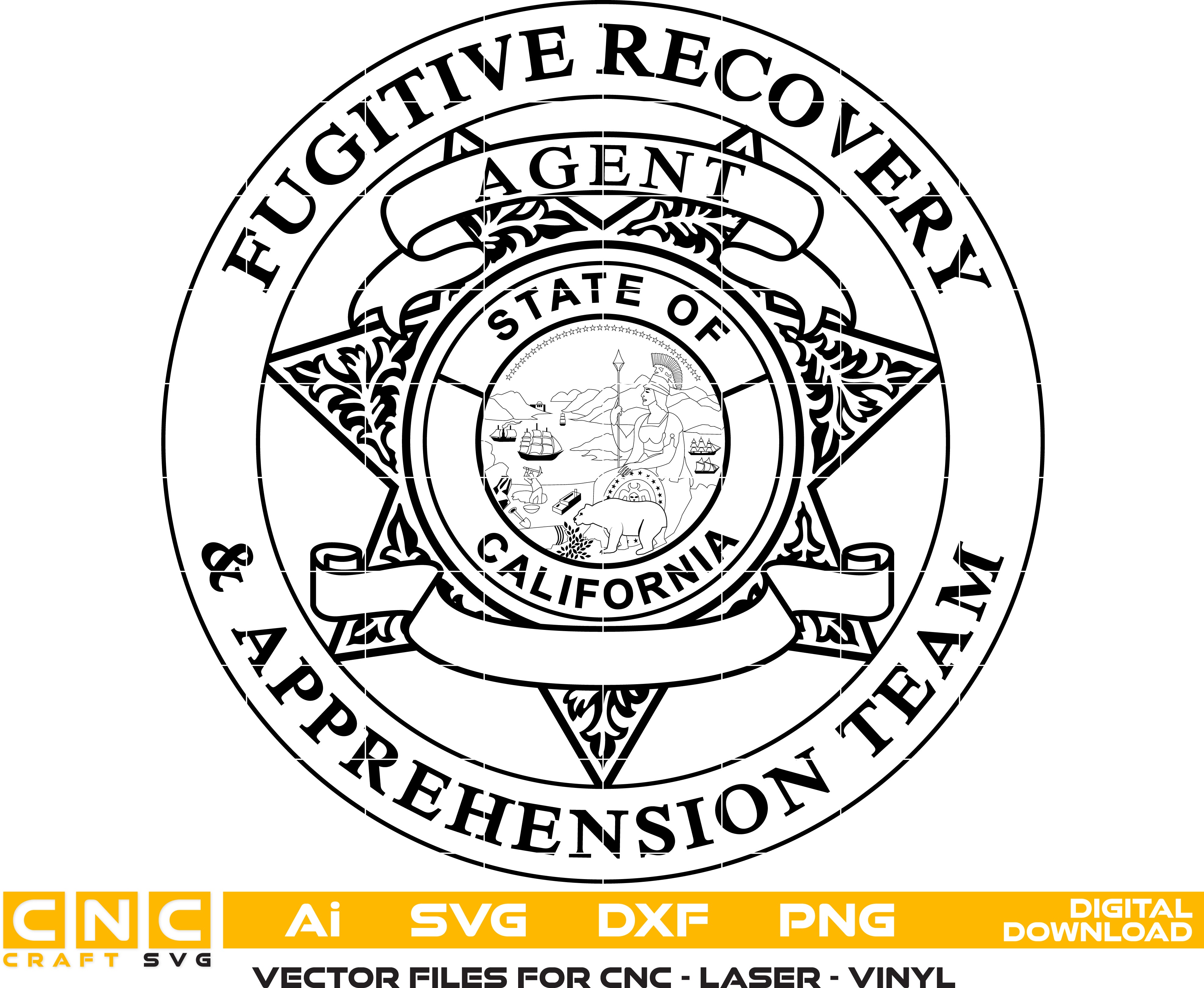 California Fugitive Recovery Agent Badge, California Logo, Vector Art for Laser engraving, woodworking, acrylic painting, glass etching, and all printing machines.