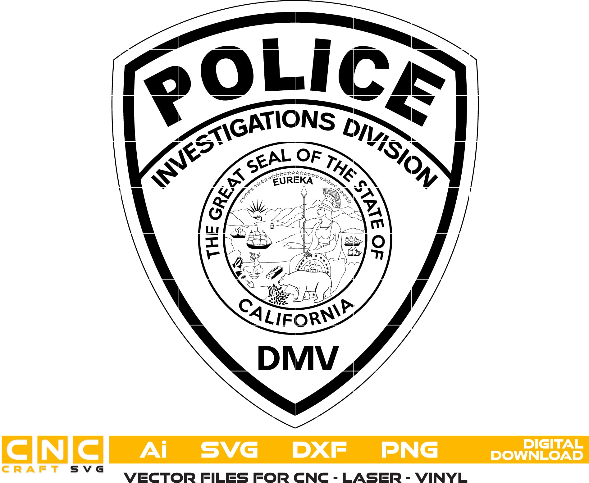 California Investigations Division Police Badge Vector art Svg/ Dxf/ Jpg/ Png/ and Ai files For laser engraving/ woodworking/ acrylic painting and all printing machines.