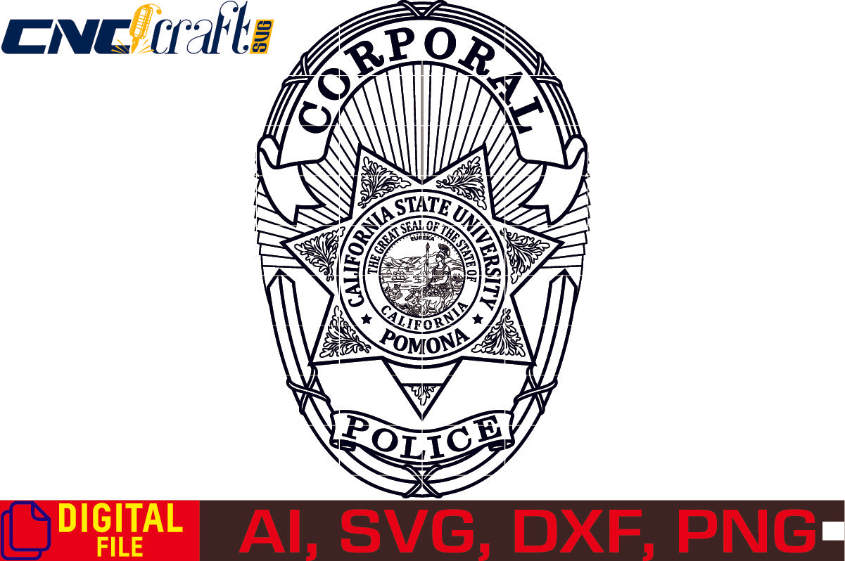 California State University Police Corporal Badge SVG digital download, CSU campus police badge vector design for Cricut and Silhouette.
