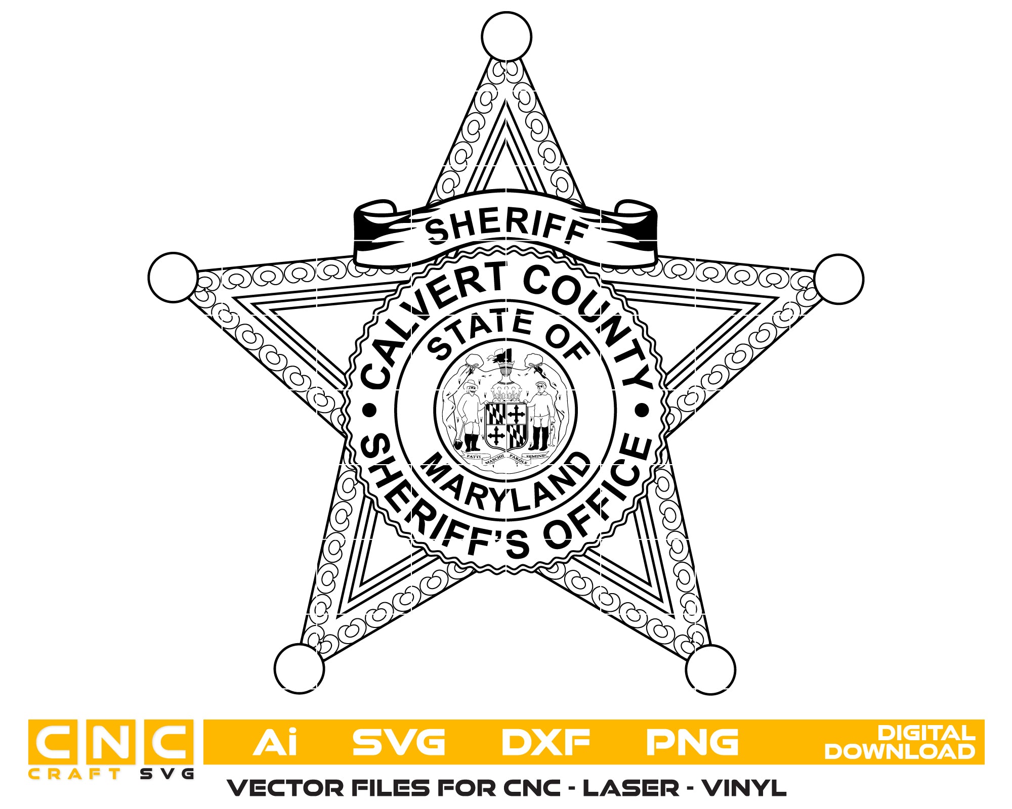 Calvert County Sheriff’s Badge SVG, Maryland Sheriff Badge Vector, Calvert County Law Enforcement Seal SVG, Sheriff Department Badge Design, Maryland Police Emblem