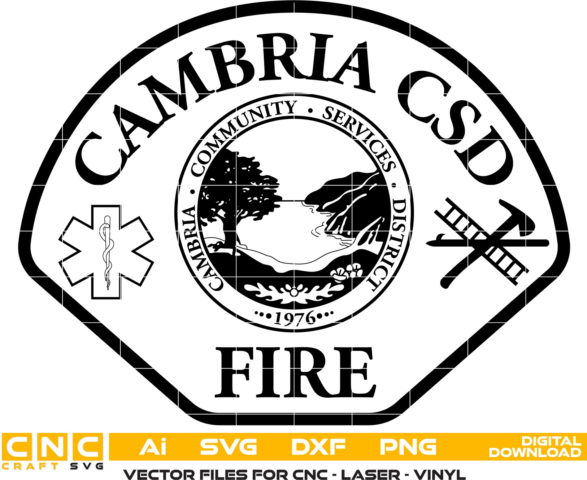 Cambria CSD Fire Dept Badge Vector art Svg, Dxf, Jpg, Png and Ai files For laser engraving, woodworking, acrylic painting, and all printing machines.