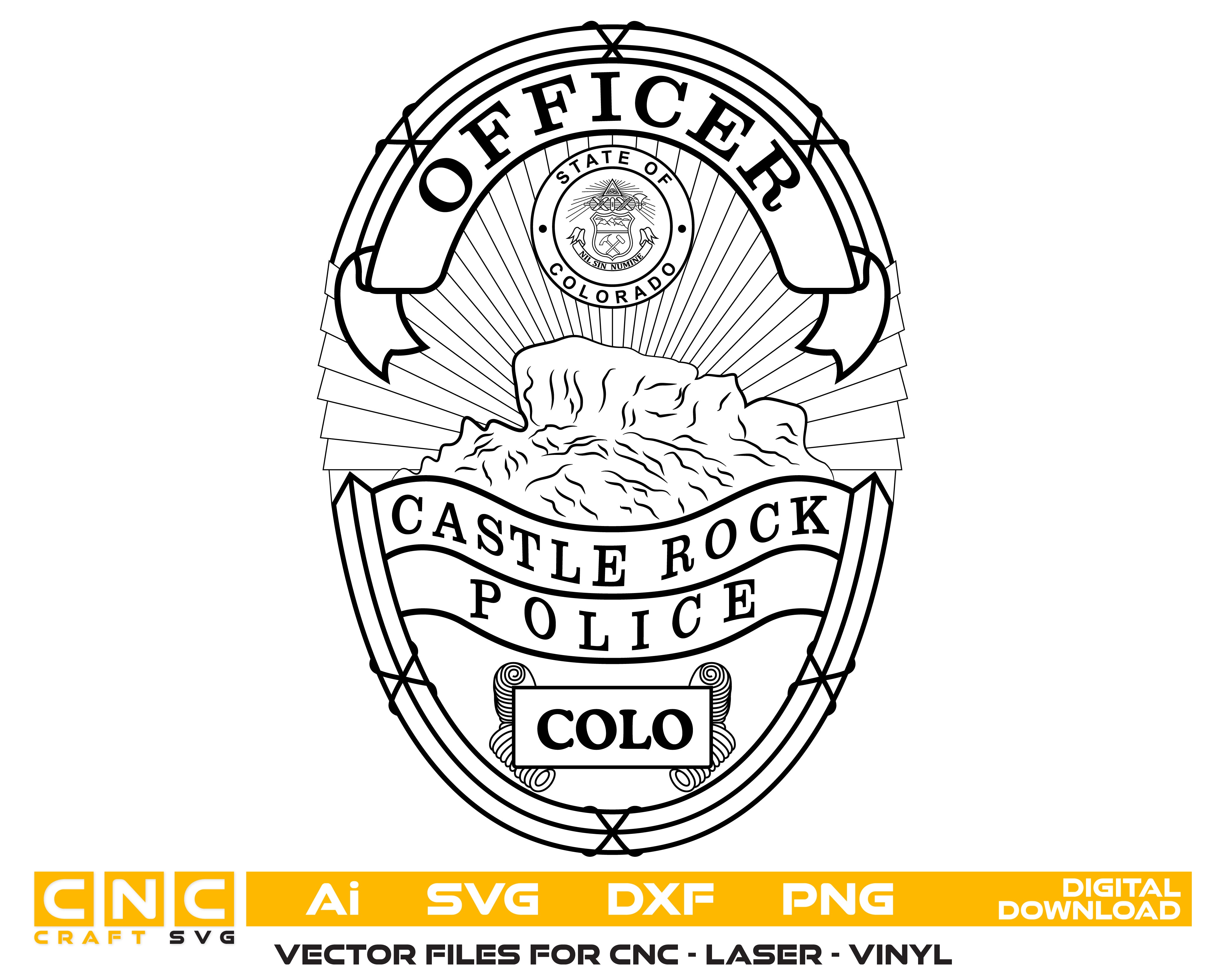 Castle Rock Police Officer Badge SVG digital download, Colorado police officer emblem vector design for Cricut, Silhouette, CNC, engraving, and law enforcement crafts.