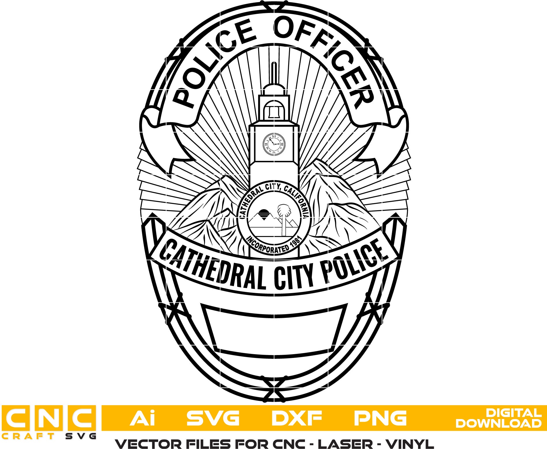 Cathedral City Police Officer Badge Vector Art, Police Badge Line Art