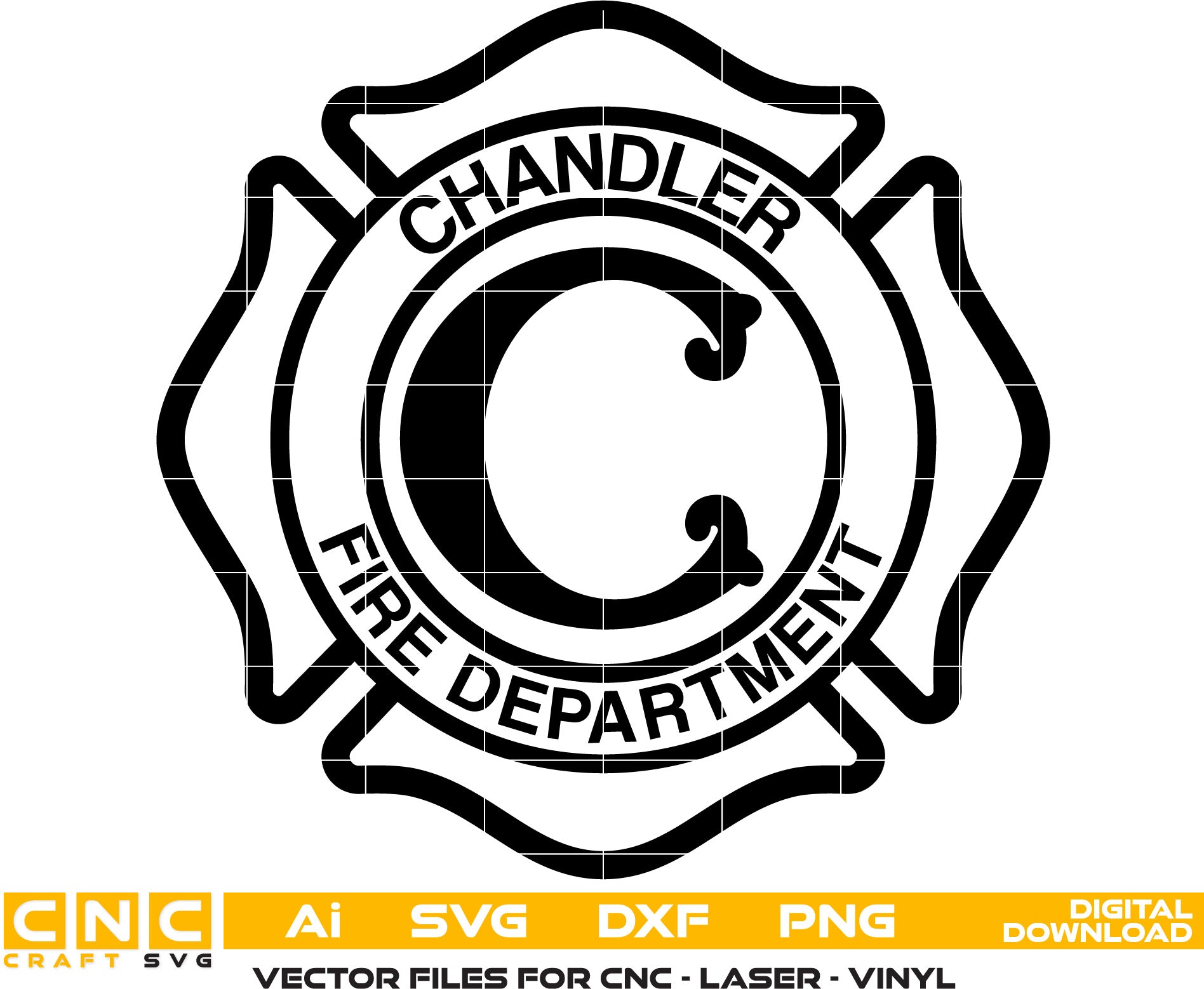 Chandler Fire Dept. Badge Vector art Svg, Dxf, Jpg, Png and Ai files For laser engraving, woodworking, acrylic painting, and all printing machines.