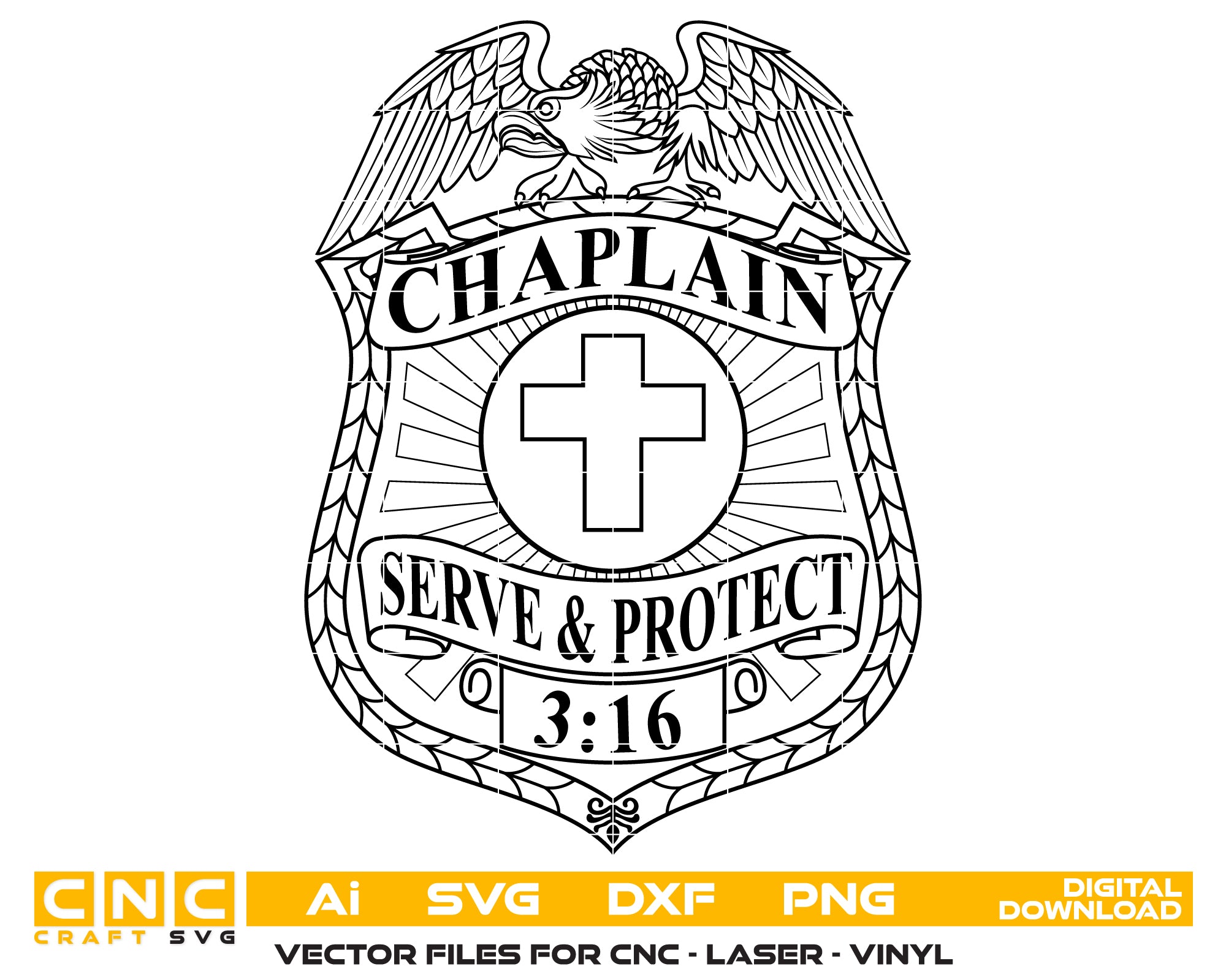 Chaplain Serve and Protect Police Badge SVG digital download, law enforcement chaplain emblem vector design for Cricut, Silhouette, CNC, engraving, and badge craft projects.