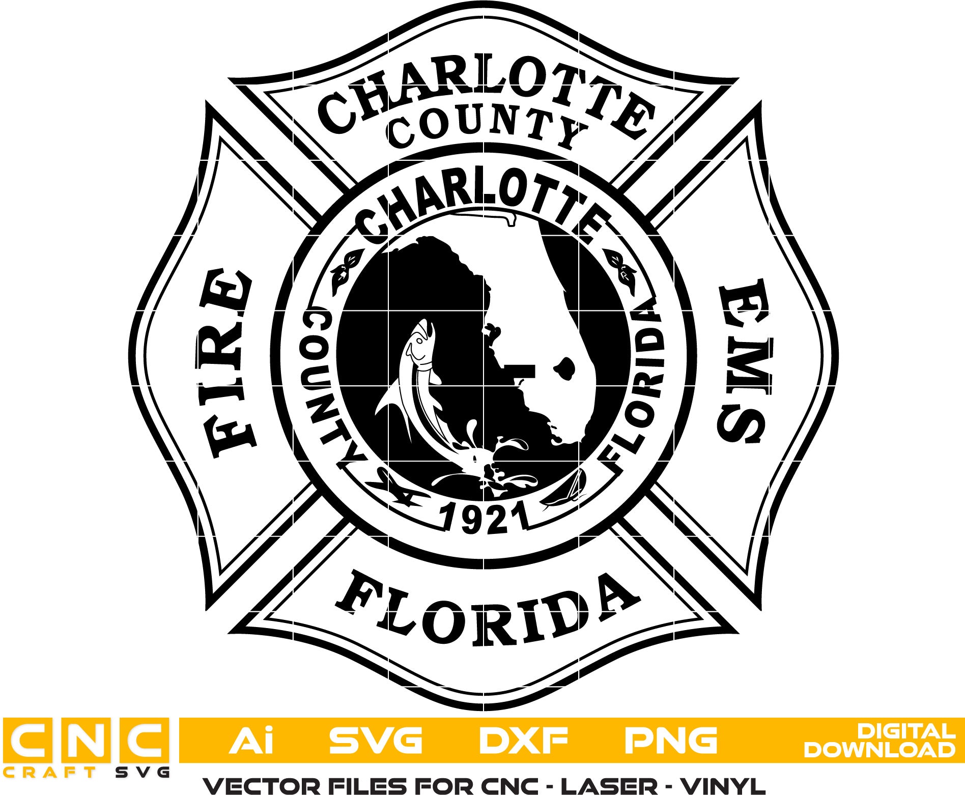 Charlotte County Florida Fire Ems Badge,Florida Fire Ems logo, Vector Art, Digital file