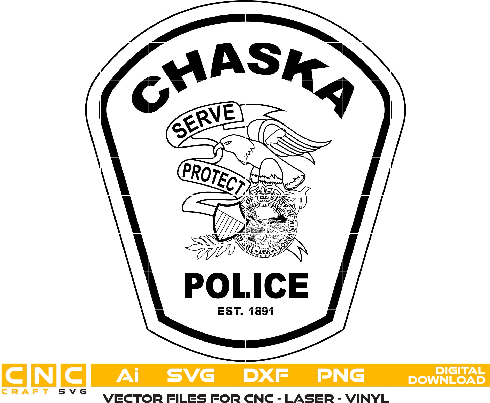 Chaska Police Badge Vector Art, Ai,SVG, DXF, PNG, Digital Files for Laser Engraving, Woodworking & Printing