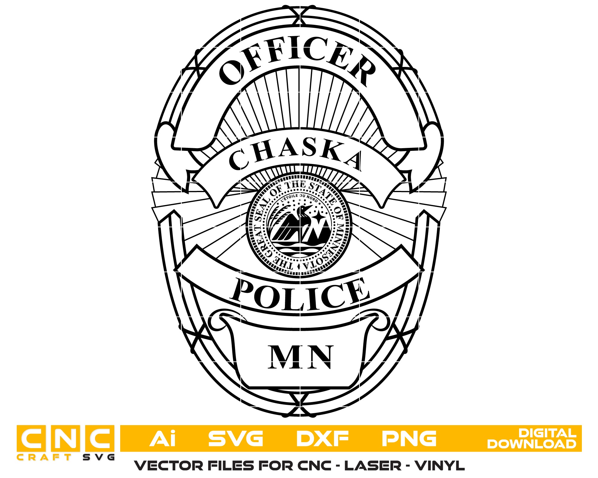 Chaska Police Officer Badge SVG

Chaska Minnesota Police Badge Vector

Minnesota Law Enforcement Badge SVG

Chaska Police Emblem Design

Chaska MN Police Insignia SVG