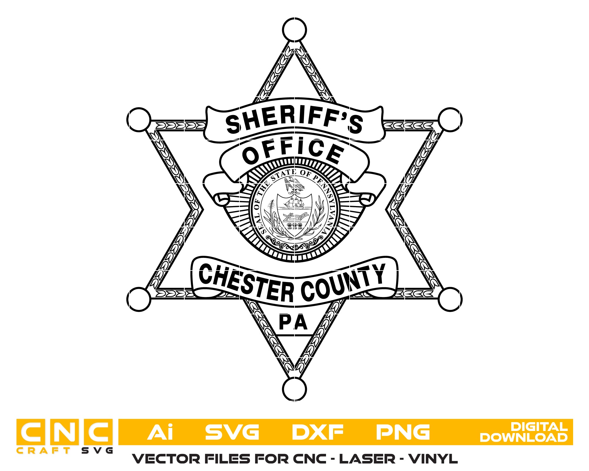 Chester County Sheriff Officer Badge SVG, Chester County Sheriff Badge Vector, Pennsylvania Sheriff Badge SVG, Chester County Law Enforcement Emblem, Sheriff Officer Badge PA