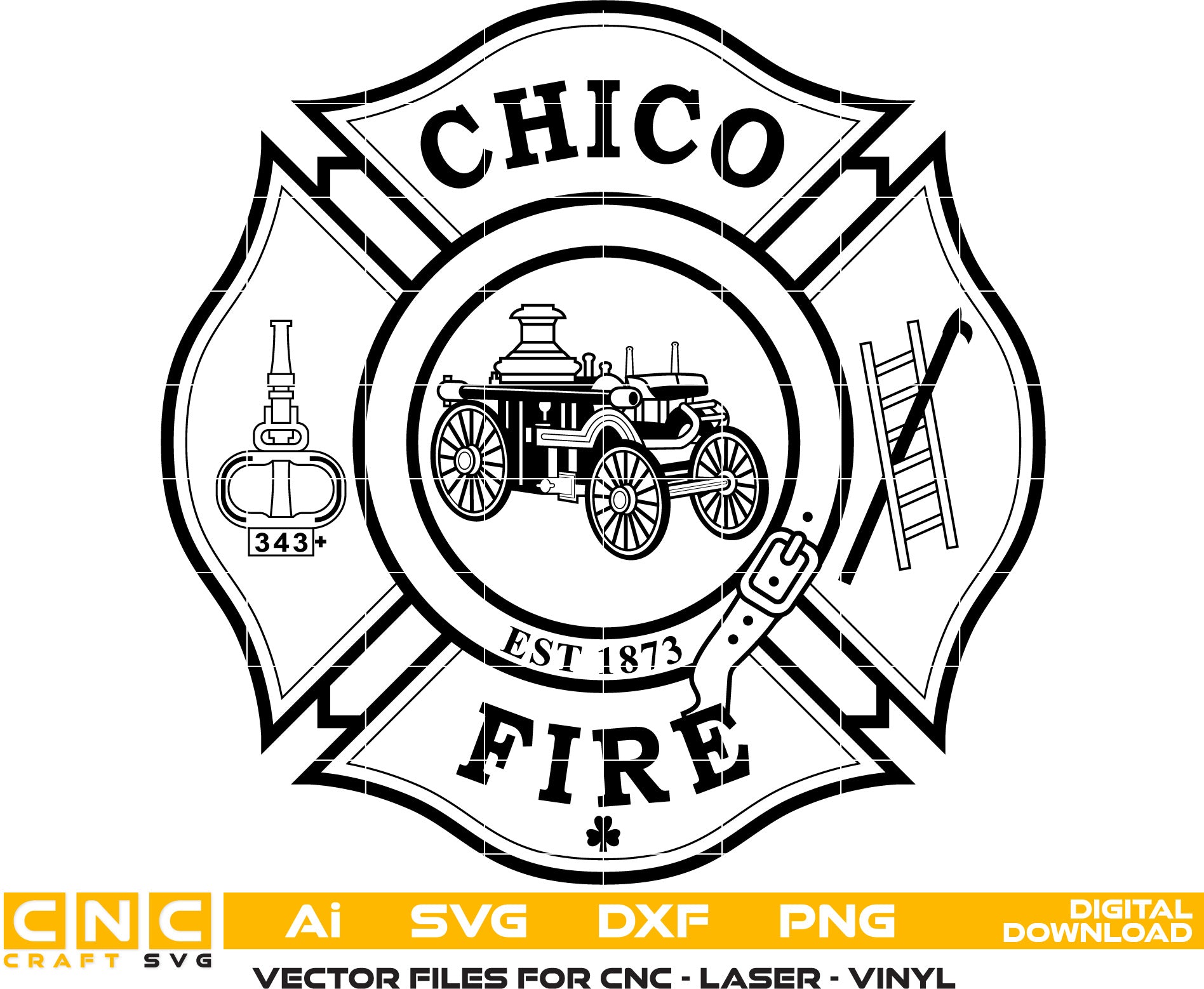 Chico Fire Dept. Badge, Fire Rescue Badge Vector art Svg, Dxf, Jpg, Png and Ai files For laser engraving, woodworking, acrylic painting, and all printing machines.