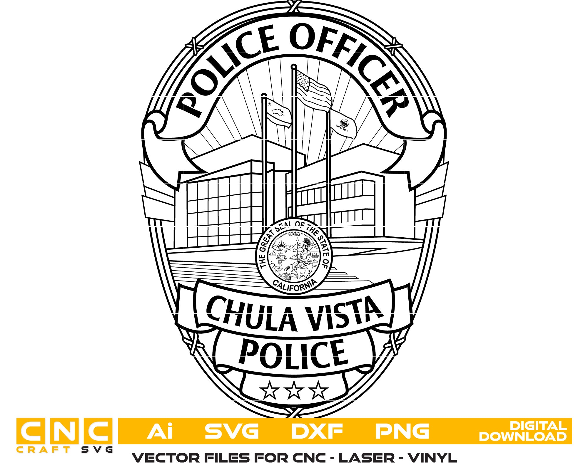 Chula Vista Police Officer Badge Vector Art, Ai,SVG, DXF, PNG, Digital Files