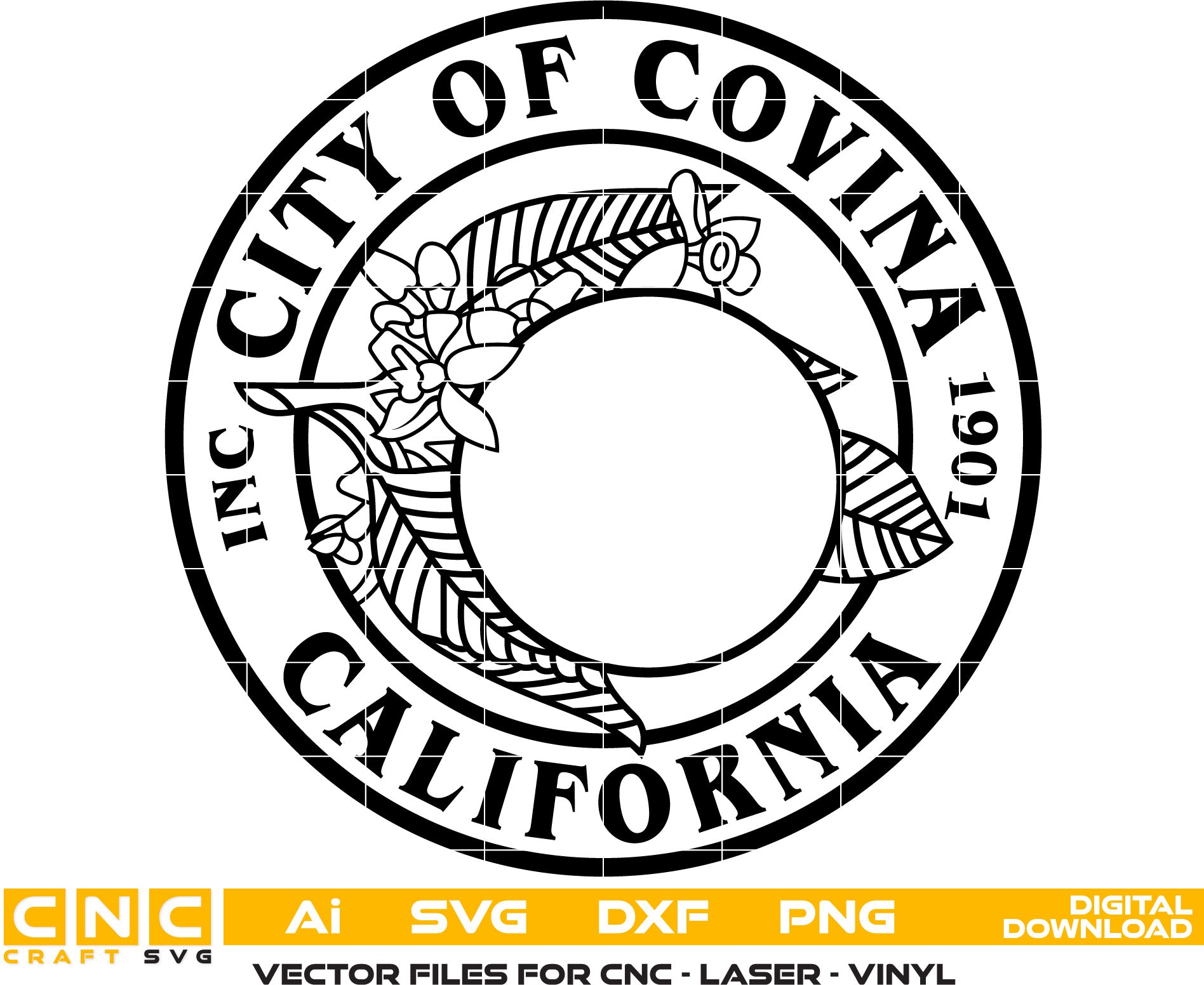 City Of Covina California Seal Vector art Svg, Dxf, Jpg, Png, and Ai files For laser engraving, woodworking, acrylic painting, and all printing machines.