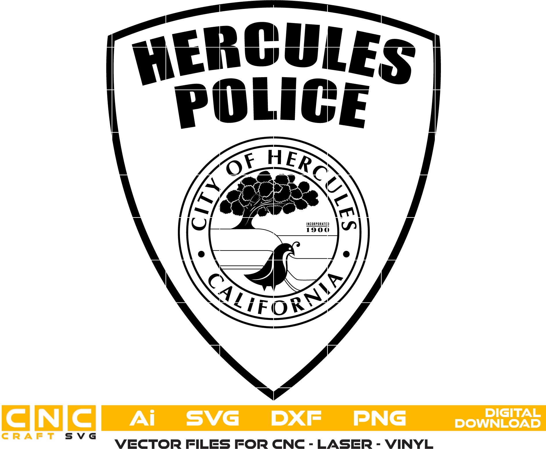 City Of Hercules California Police Badge Vector art Svg, Dxf, Jpg, Png, and Ai files For laser engraving, woodworking, acrylic painting, and all printing machines.