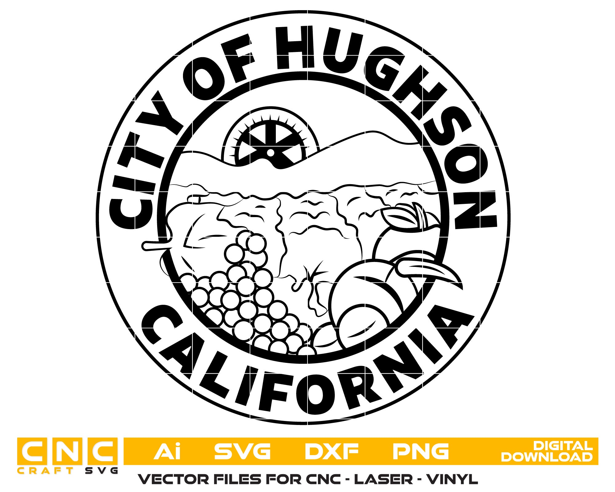 City Of Hughson California Seal Vector art Svg, Dxf, Jpg, Png, and Ai files For laser engraving, woodworking, acrylic painting, and all printing machines.