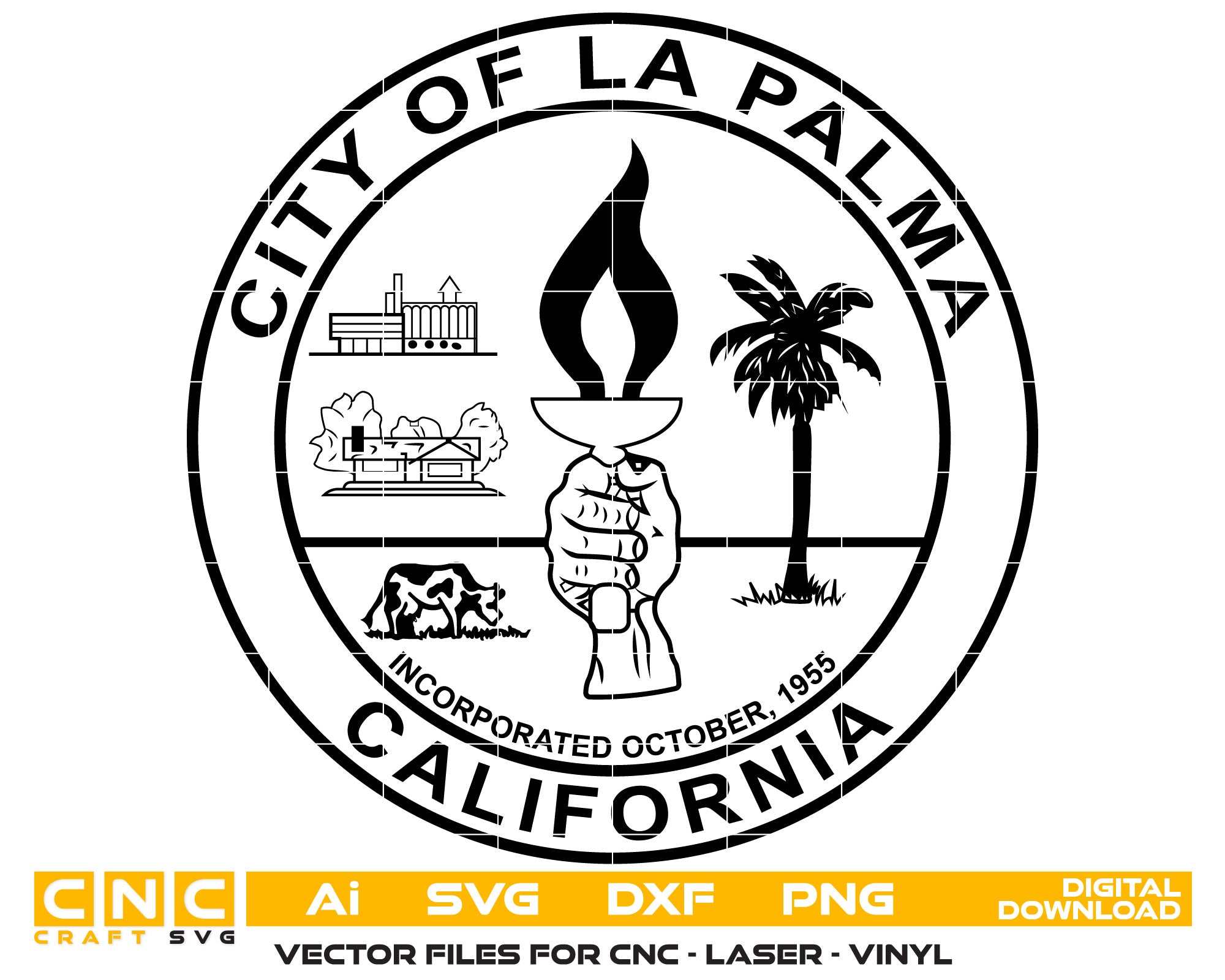 City Of La Palma Seal California Vector art Svg, Dxf, Jpg, Png, and Ai files For laser engraving, woodworking, acrylic painting, and all printing machines.