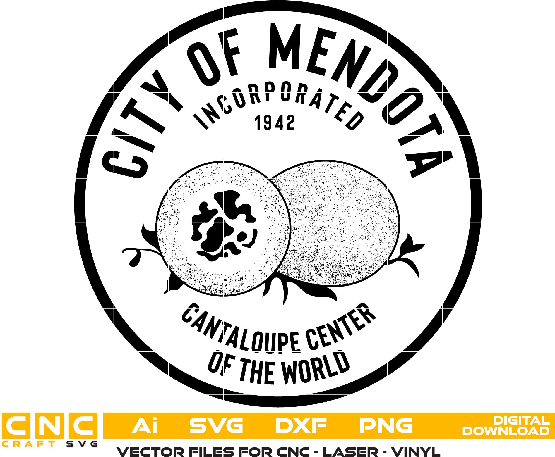 City Of Mendota Cantaloupe Centar Seal Vector art Svg/ Dxf/ Jpg/ Png/ and Ai files For laser engraving/ woodworking/ acrylic painting and all printing machines.