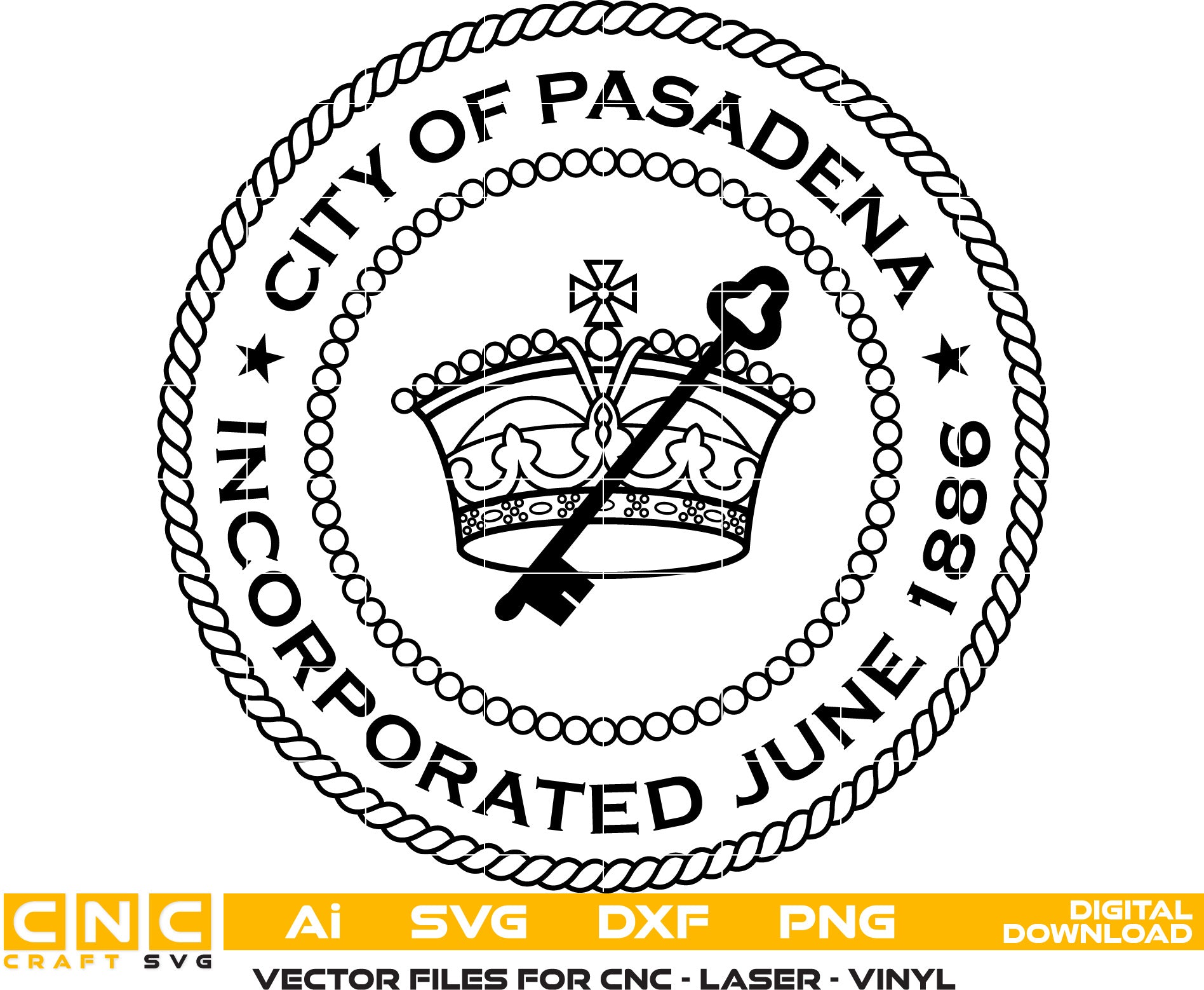 City Of Pasadena Seal Vector art Svg, Dxf, Jpg, Png, and Ai files For laser engraving, woodworking, acrylic painting, and all printing machines.