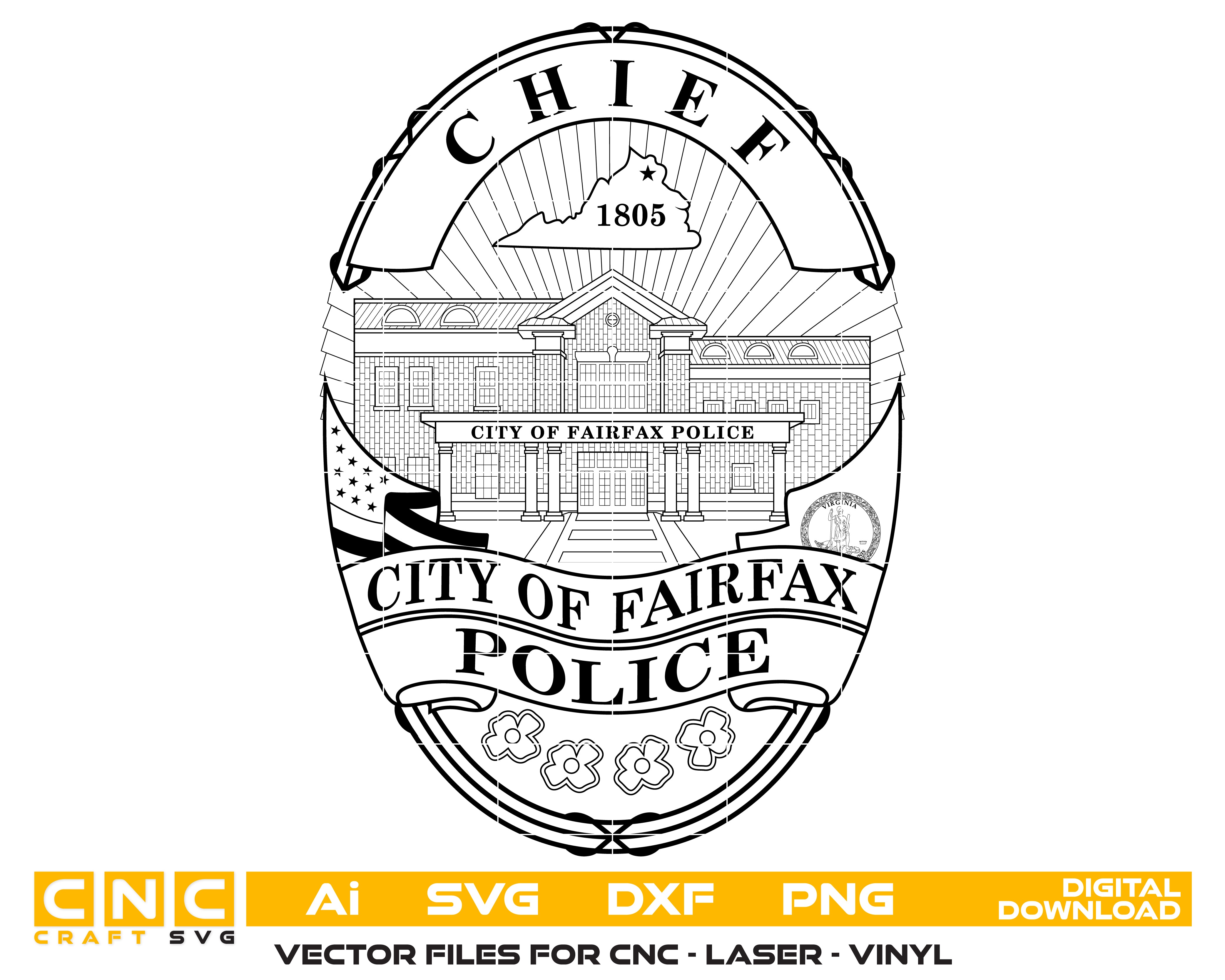 City Of Fairfax Police Chief Badge SVG, Virginia Police Chief Badge Vector, Fairfax Police Department Badge, Law Enforcement Badge SVG, Virginia Police Badge Vector