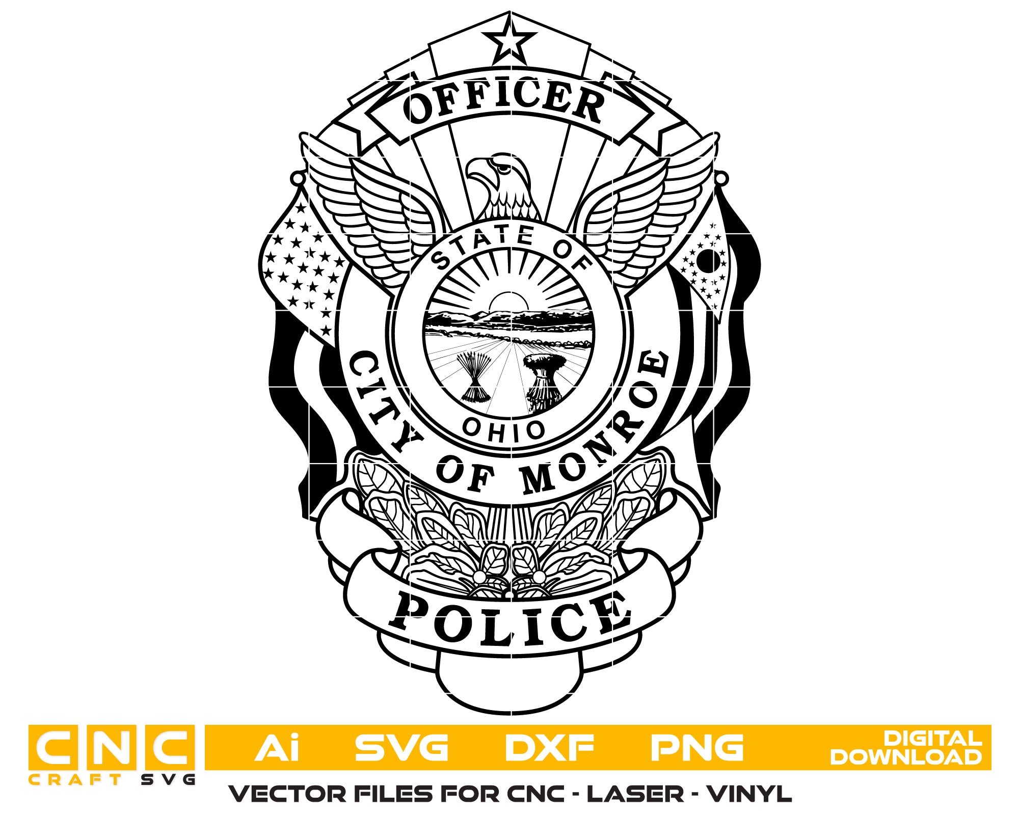 City Of Monroe Police Officer Badge SVG, Ohio Police Officer Badge Vector, Monroe Police Department Badge, Law Enforcement Badge SVG, Ohio Police Badge Vector