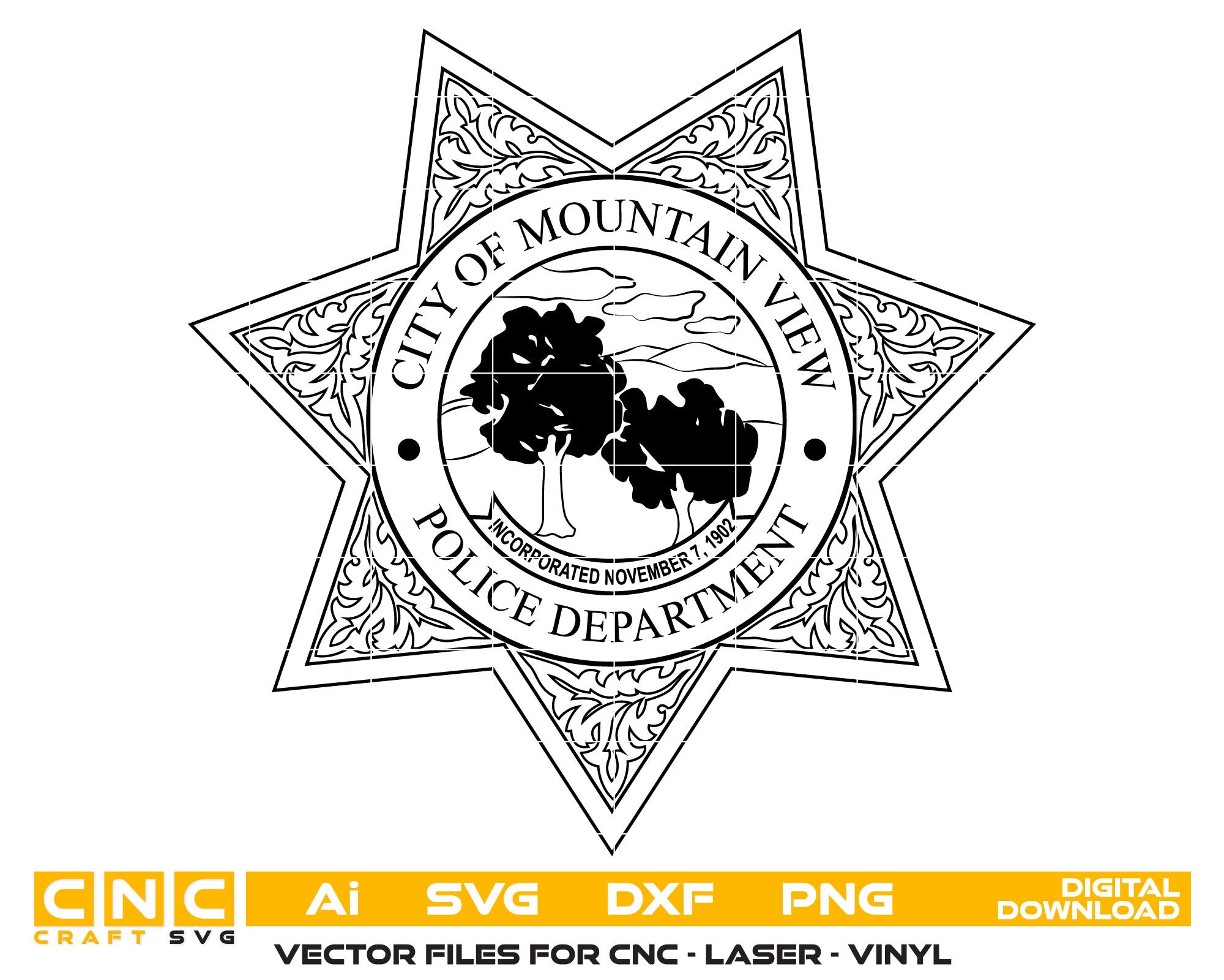 City Of Mountain View Police Department Badge SVG, California Police Badge Vector, Mountain View Police Department Badge, Law Enforcement Badge SVG, California Police Badge Vector