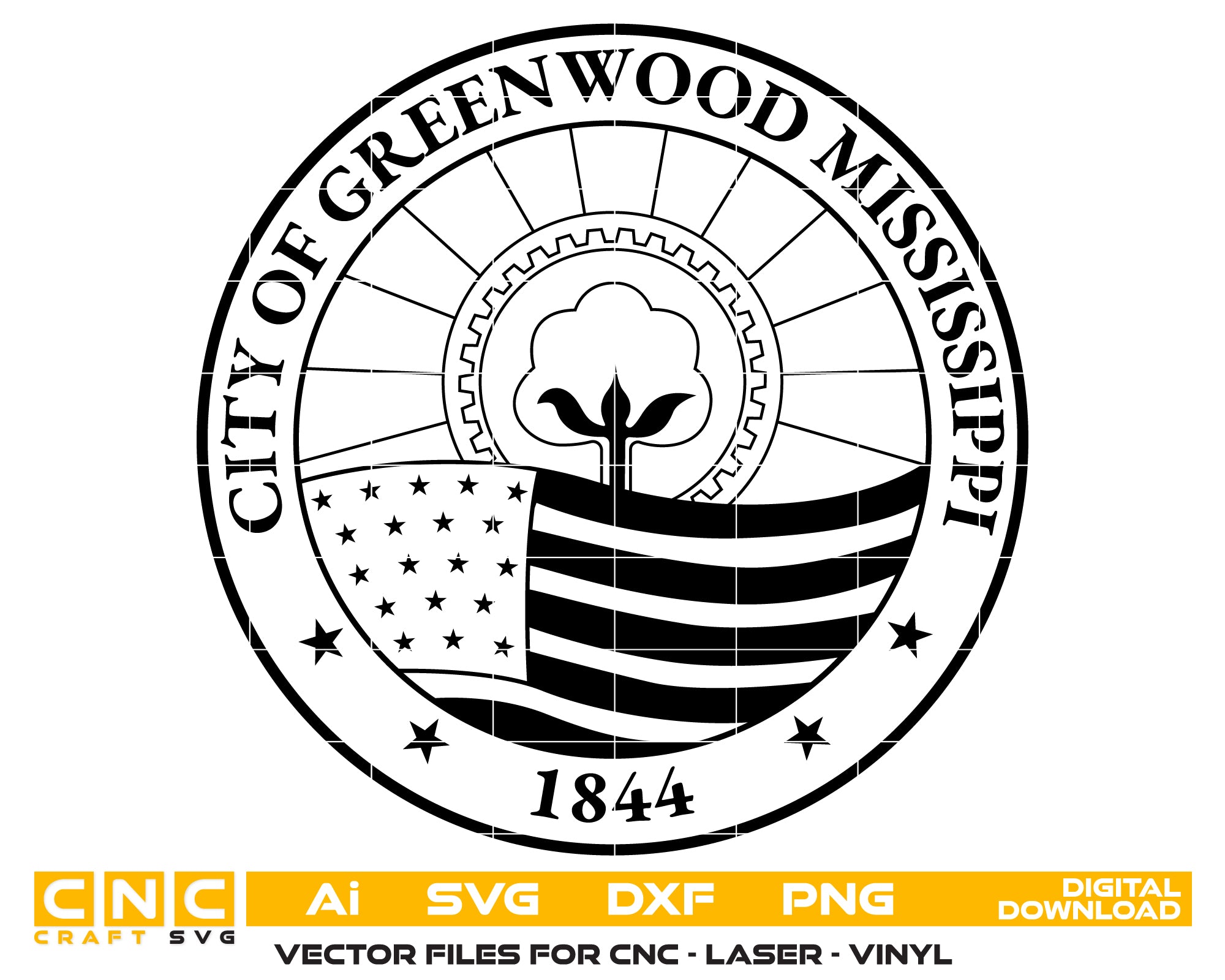 City Seal of Greenwood Mississippi SVG, Greenwood MS Seal Vector, Greenwood Municipal Emblem, Mississippi City Seal SVG, City Government Seal Vector File