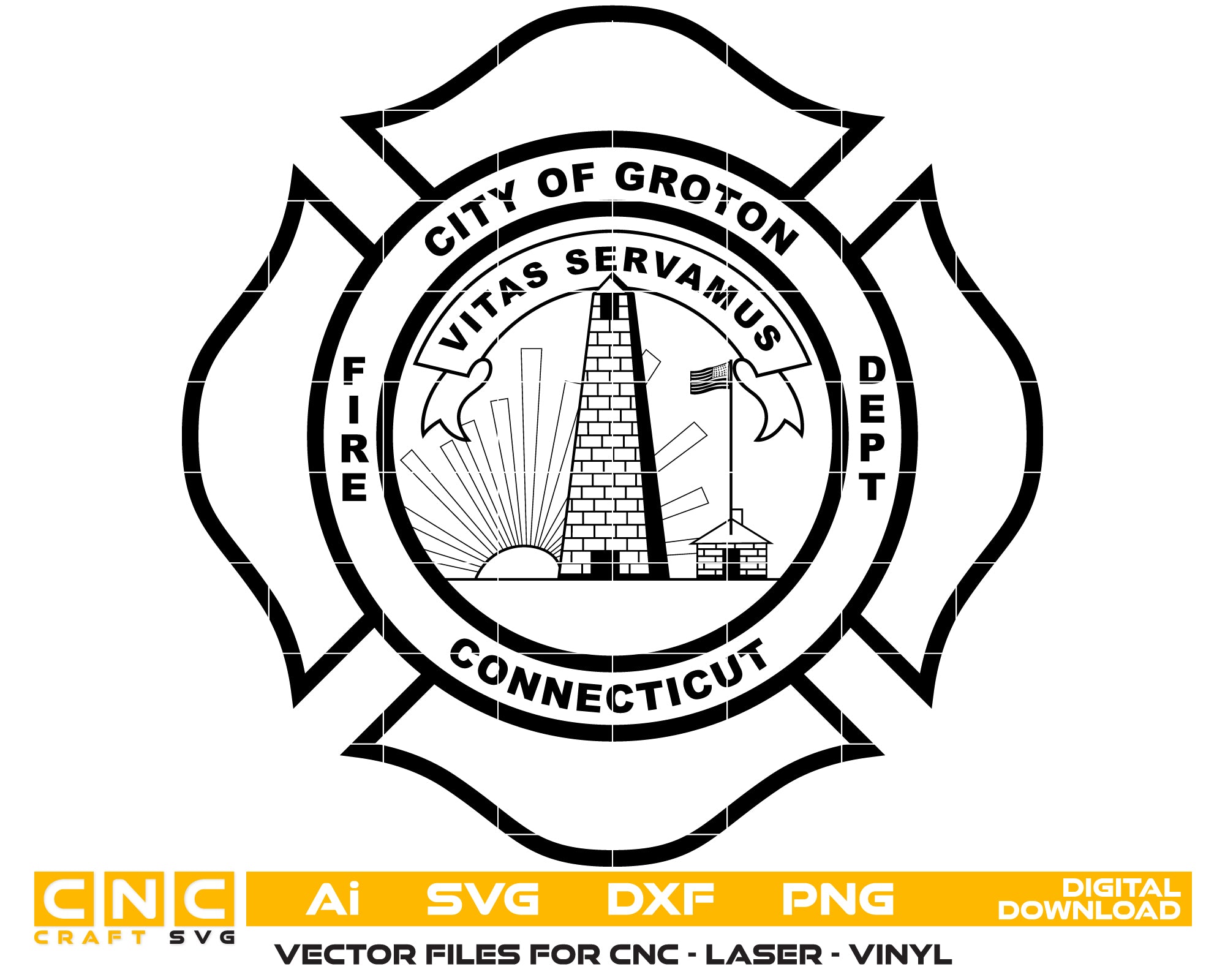 City of Groton Fire Department Patch SVG digital download, Connecticut firefighter emblem vector design for Cricut, Silhouette, CNC, engraving, and fire service crafts.