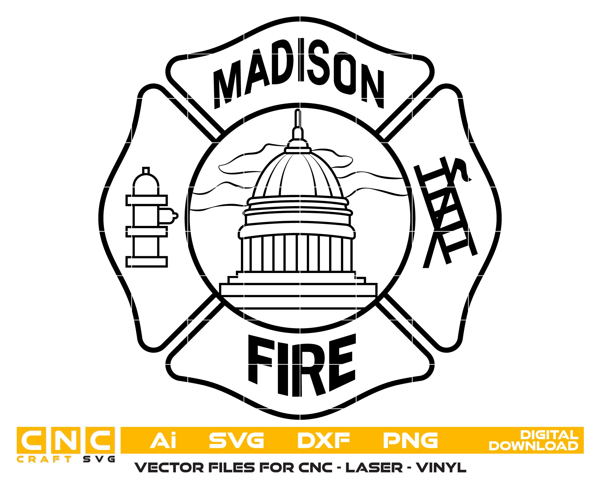 City of Madison Fire Department Logo SVG digital download, firefighter emblem vector design for Cricut, Silhouette, CNC, engraving, and fire service crafts.