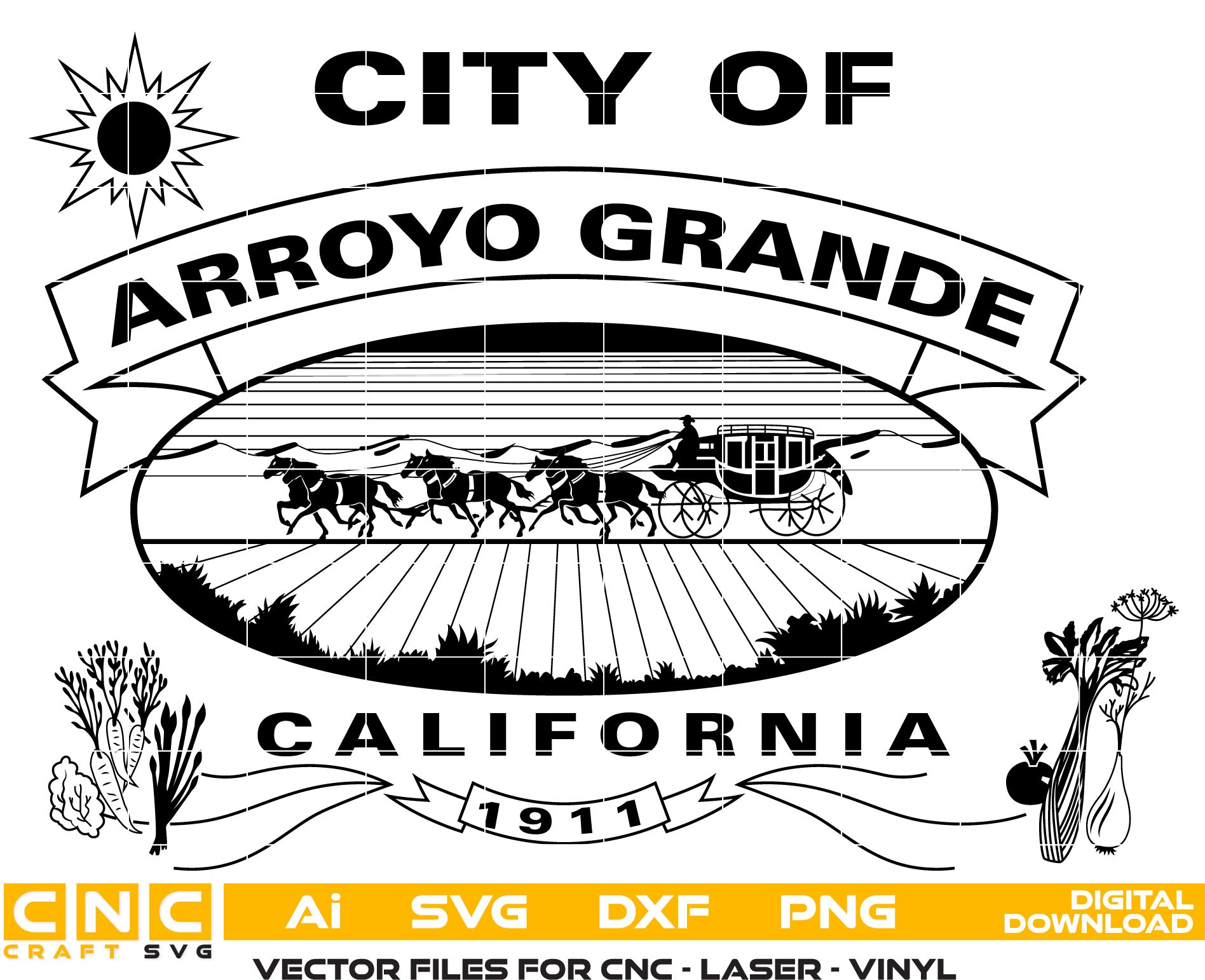 City of Arroyo Grande Seal, California Seal Vector art Svg, Dxf, Jpg, Png &amp; Ai files For laser engraving, woodworking, acrylic painting, and all printing machines.