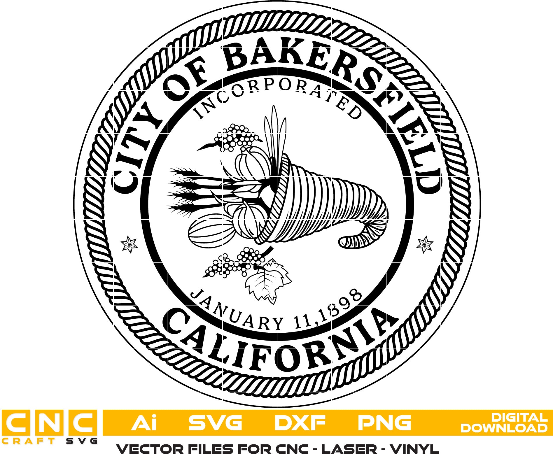 City of Bakersfield Seal, California Seal Vector art Svg, Dxf, Jpg, Png and Ai files For laser engraving, woodworking, acrylic painting, and all printing machines.