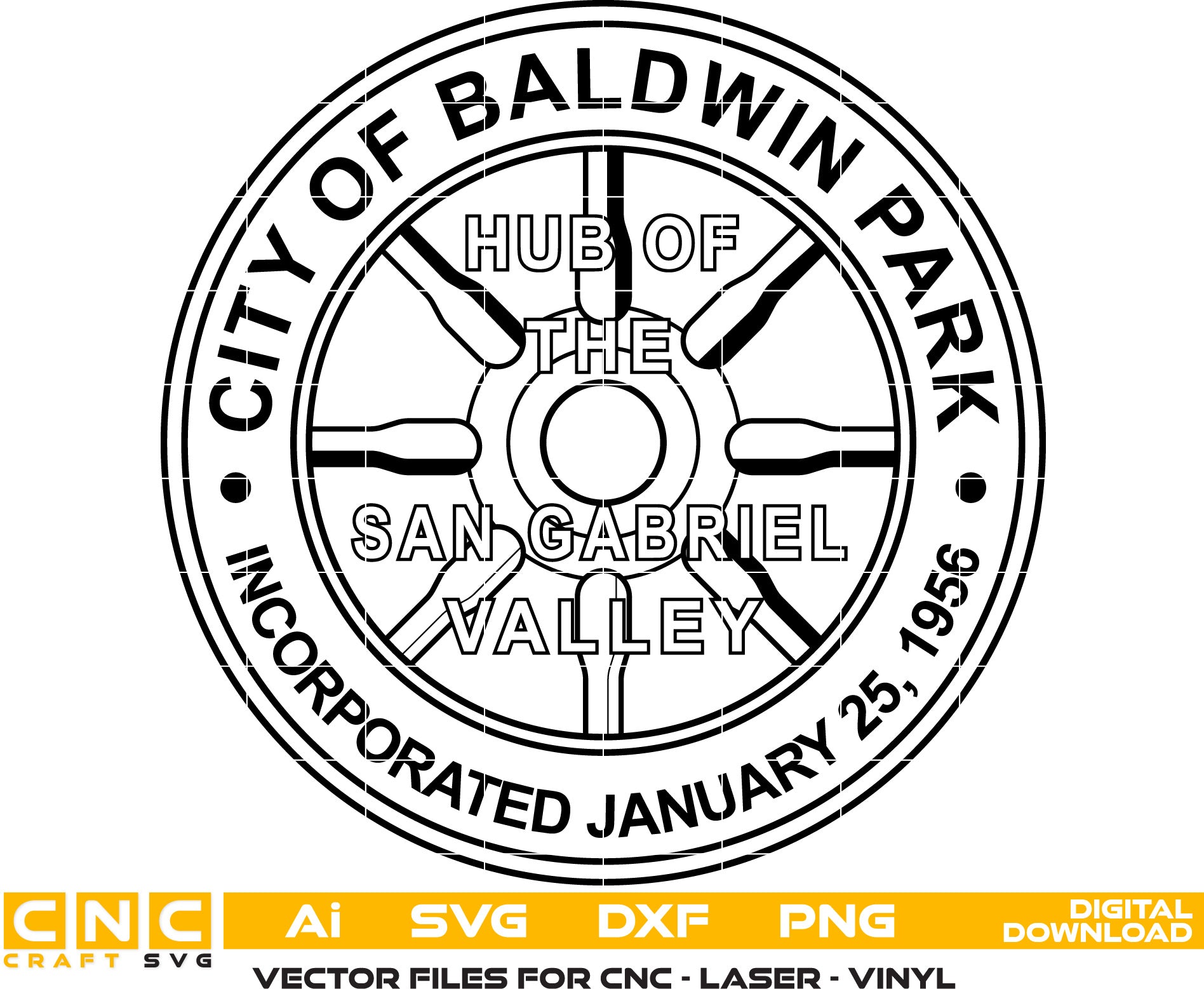 City of Baldwin Park Seal, San Gabriel Valley Seal Vector art Svg, Dxf, Jpg, Png and Ai files For laser engraving, woodworking, acrylic painting, and all printing machines.