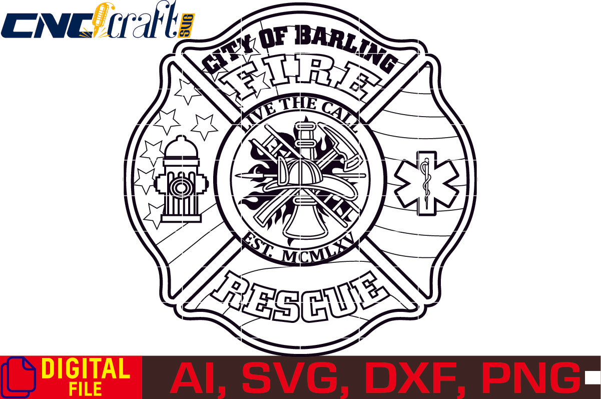 City of Barling Fire Rescue Badge vector file for Laser Engraving, Woodworking, CNC Router, vinyl, plasma, Xcarve, Vcarve, Cricut, Ezecad etc.