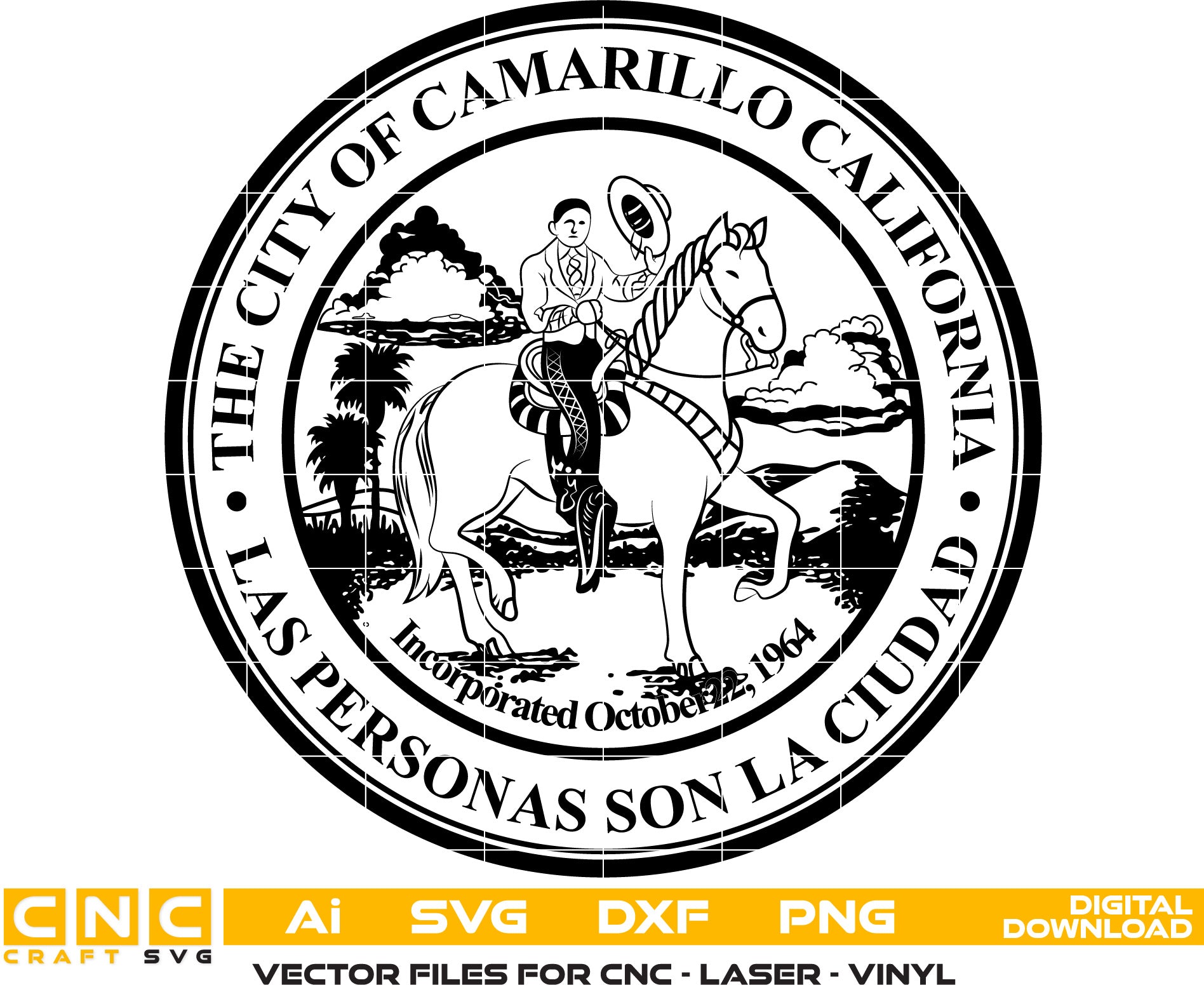 City of Camarillo California Seal Vector art Svg, Dxf, Jpg, Png and Ai files For laser engraving, woodworking, acrylic painting, and all printing machines.