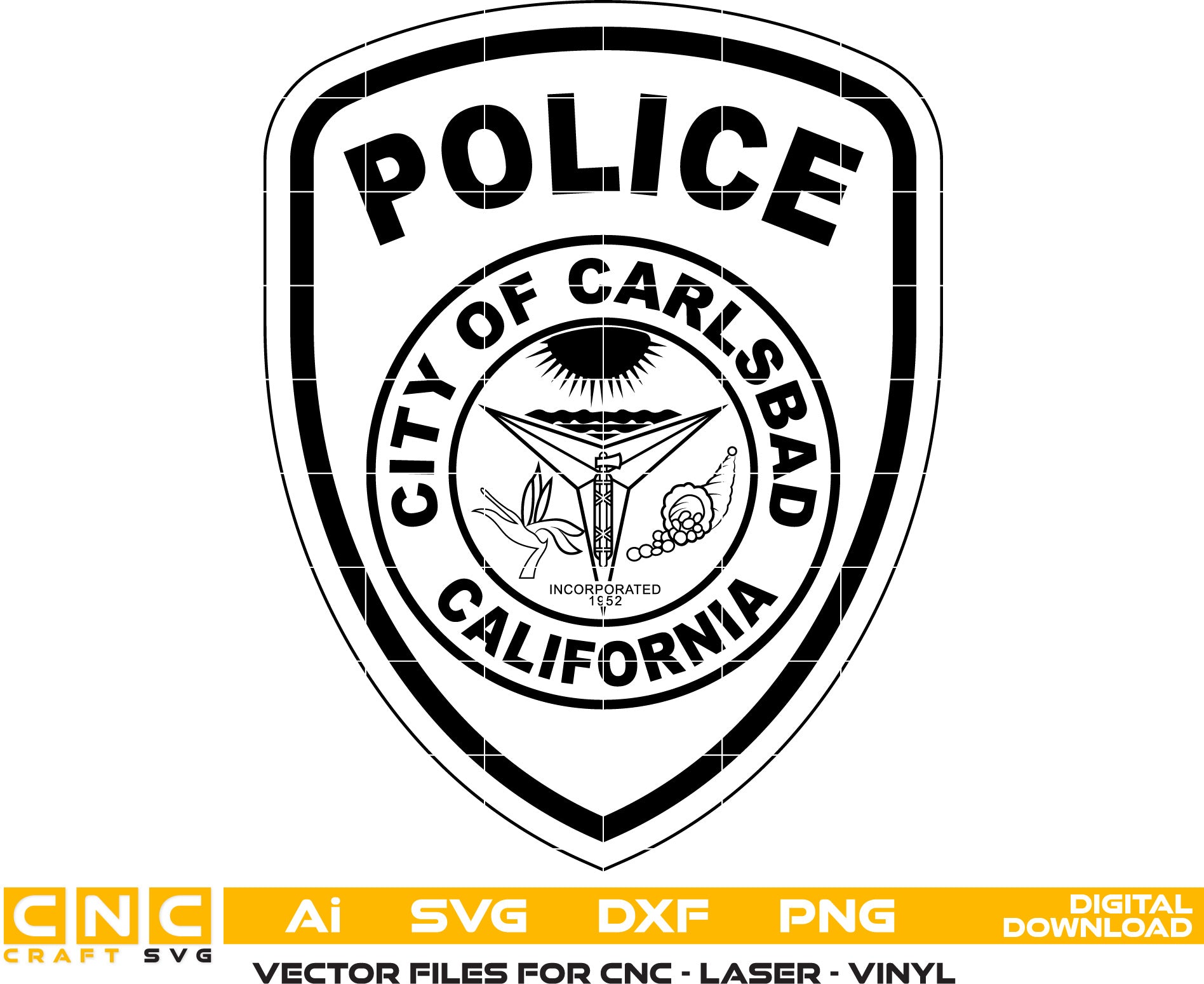 City of Carlsbad Police Badge, California Police Badge Vector art Svg, Dxf, Jpg, Png and Ai files For laser engraving, woodworking, acrylic painting, and all printing machines.