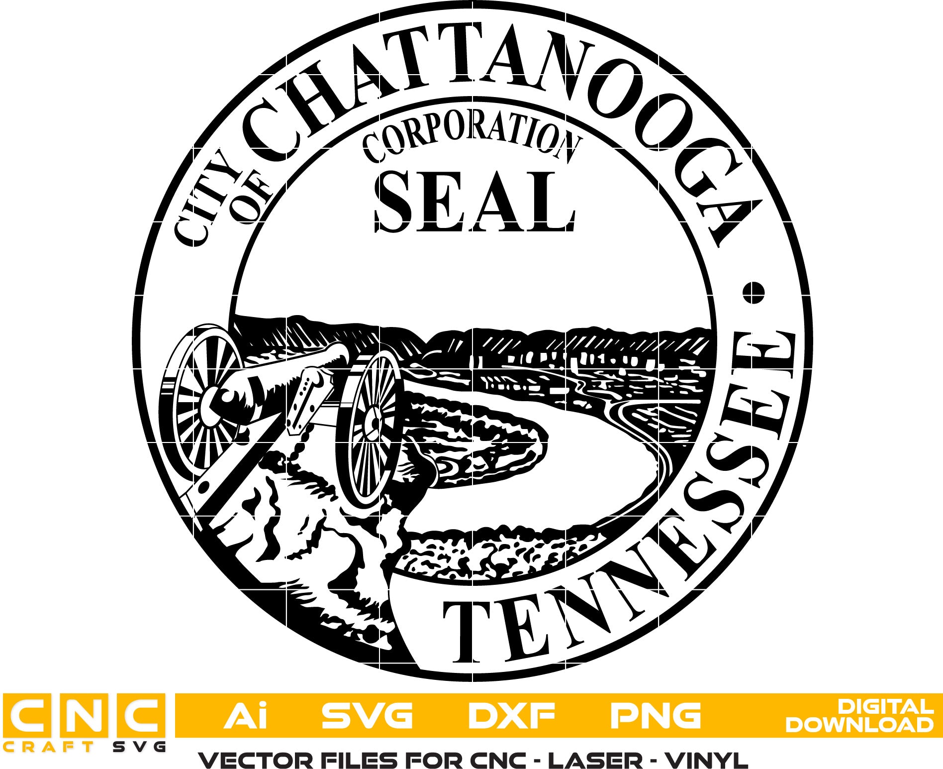 City of Chattanooga Seal, Tennessee Seal Vector art Svg, Dxf, Jpg, Png, and Ai files For laser engraving, woodworking, acrylic painting, and all printing machines.