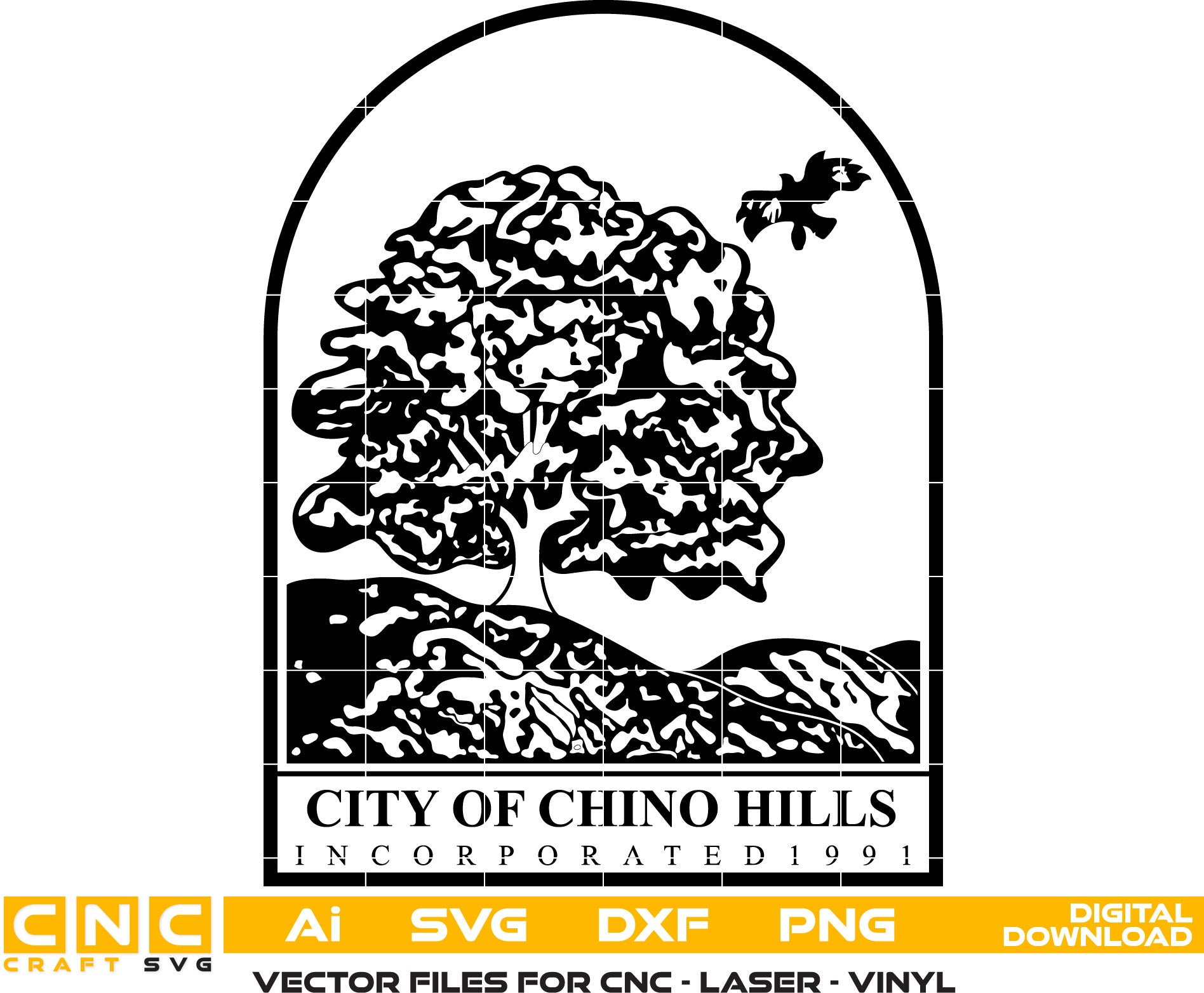 City of Chino Hills Seal Vector art Svg, Dxf, Jpg, Png, and Ai files For laser engraving, woodworking, acrylic painting, and all printing machines.