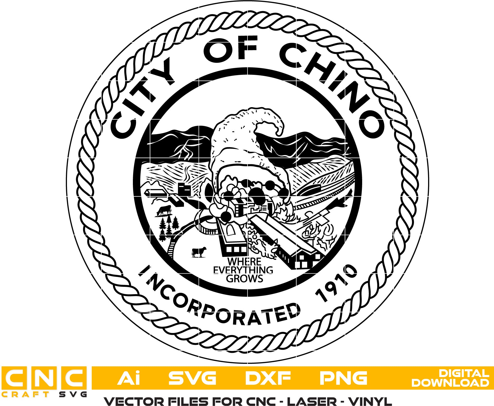 City of Chino Seal, California Seal Vector art Svg, Dxf, Jpg, Png and Ai files For laser engraving, woodworking, acrylic painting, and all printing machines.