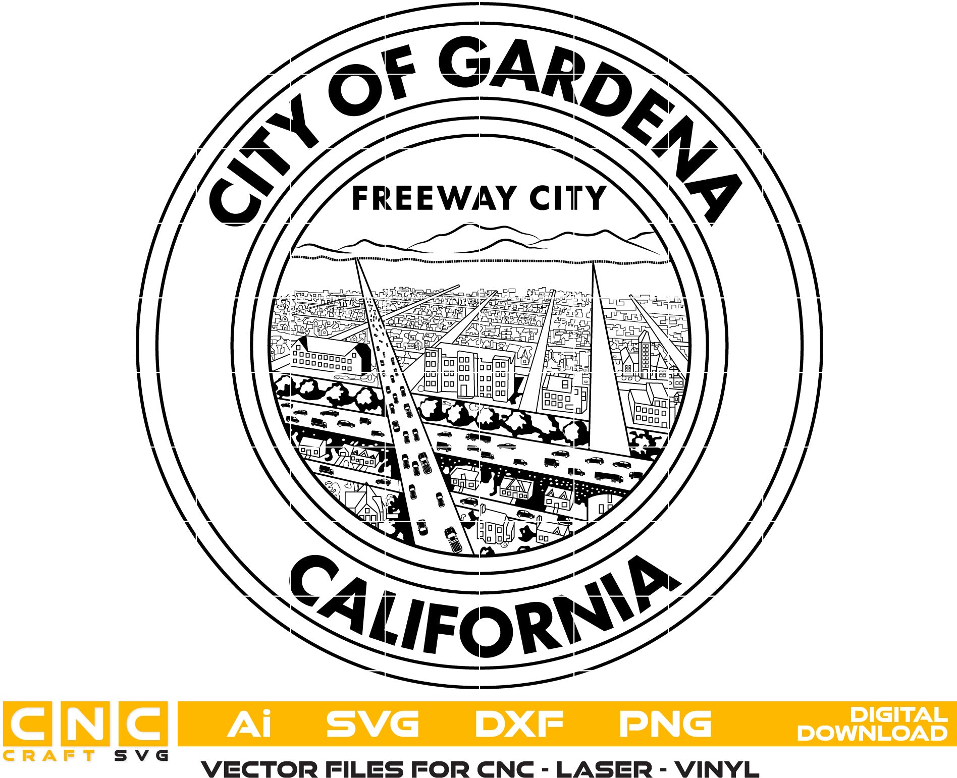 Gardena City California Seal Vector Art,  Digital Files for Laser Engraving, Woodworking & Printing