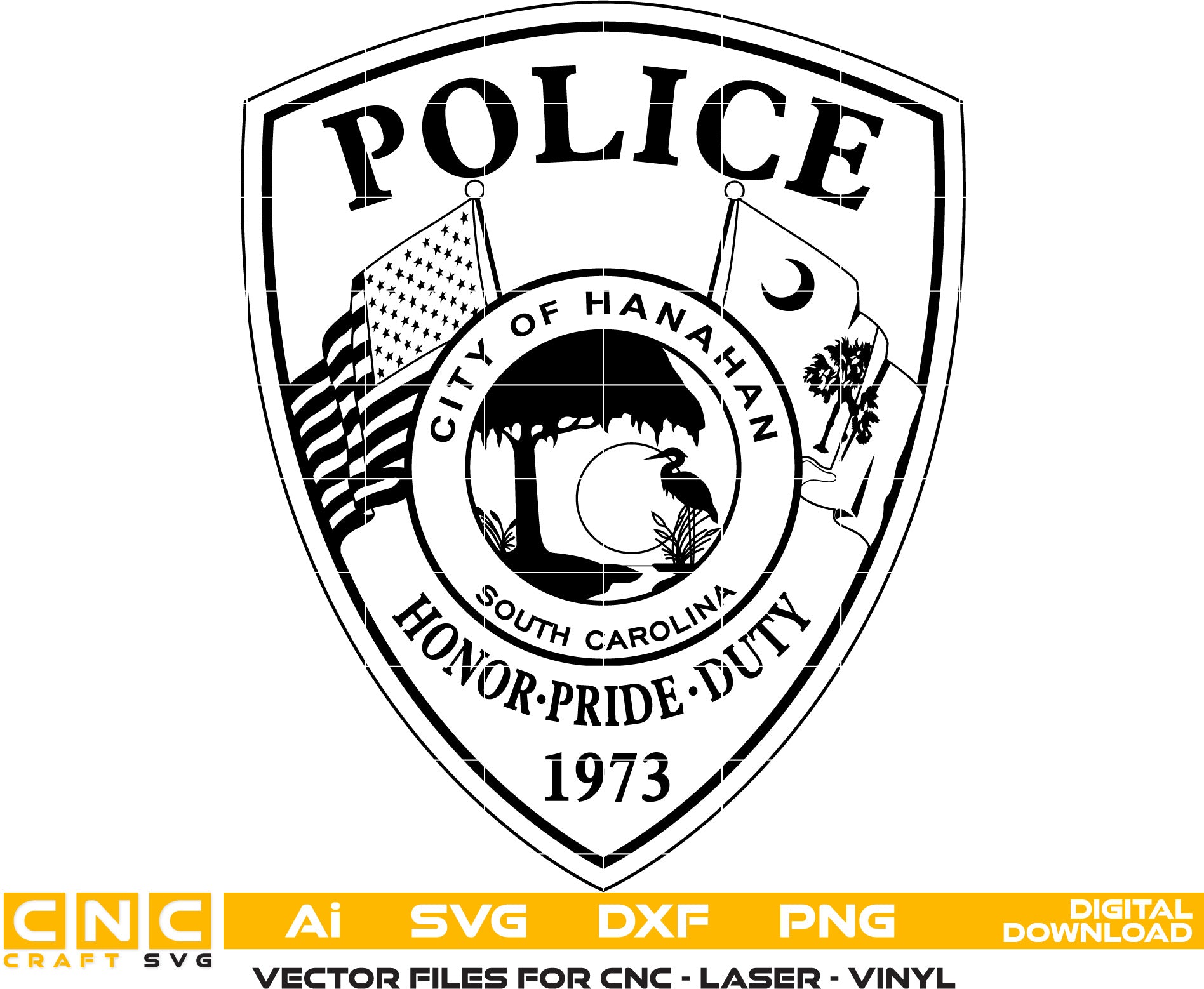 City of Hanahan Police Badge, South Carolina Police Badge Vector art Svg, Dxf, Jpg, Png and Ai files For laser engraving, woodworking, acrylic painting, and all printing machines.