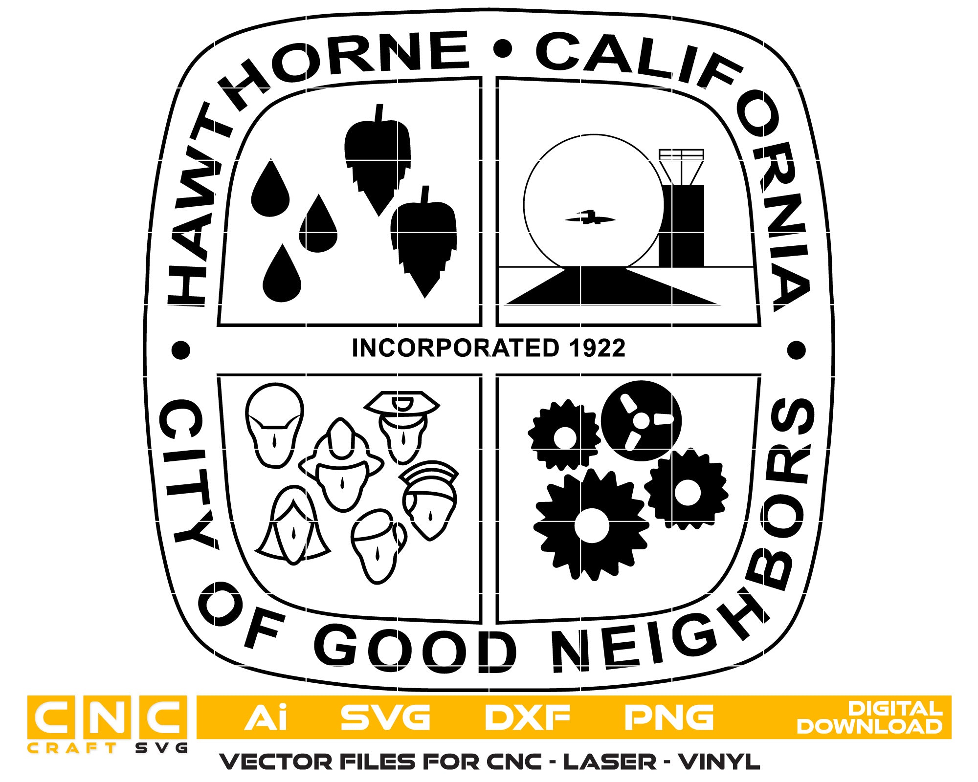 City of Hawthorne, California Seal Vector art Svg, Dxf, Jpg, Png, and Ai files For laser engraving, woodworking, acrylic painting, and all printing machines.