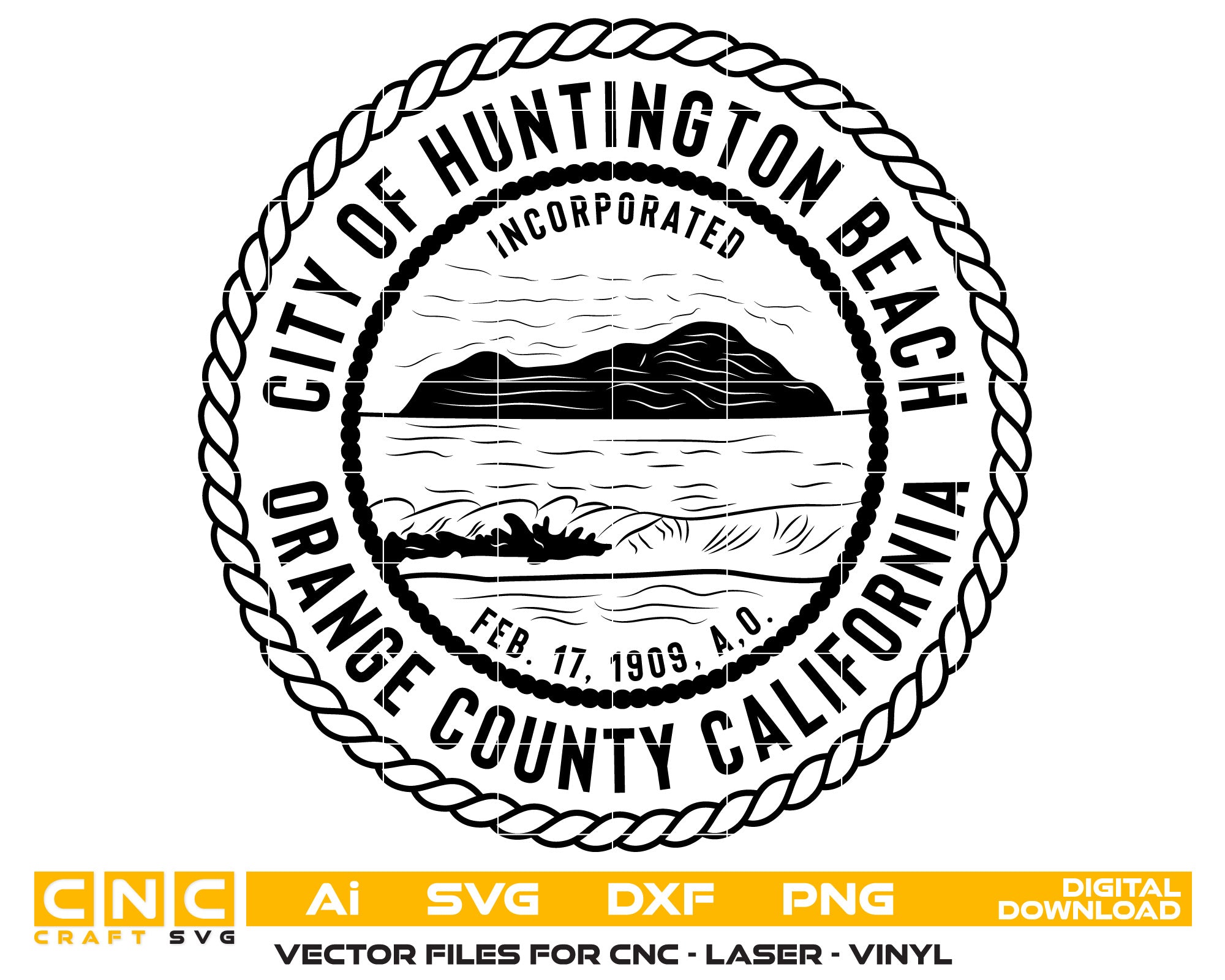 City of Huntington California seal Vector art Svg, Dxf, Jpg, Png, and Ai files For laser engraving, woodworking, acrylic painting, and all printing machines.