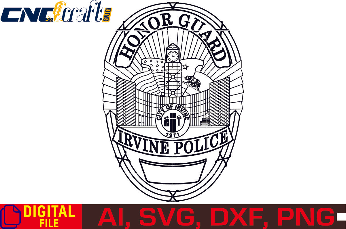 City of Irvine Police Badge vector file for Laser Engraving, Woodworking, CNC Router, vinyl, plasma, Xcarve, Vcarve, Cricut, Ezecad etc.