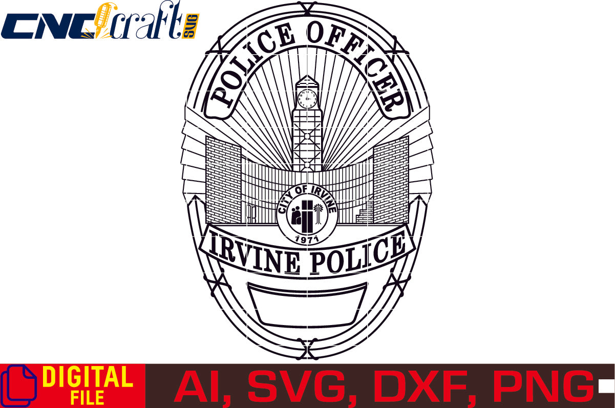 City of Irvine Police Officer Badge vector file for Laser Engraving, Woodworking, CNC Router, vinyl, plasma, Xcarve, Vcarve, Cricut, Ezecad etc.