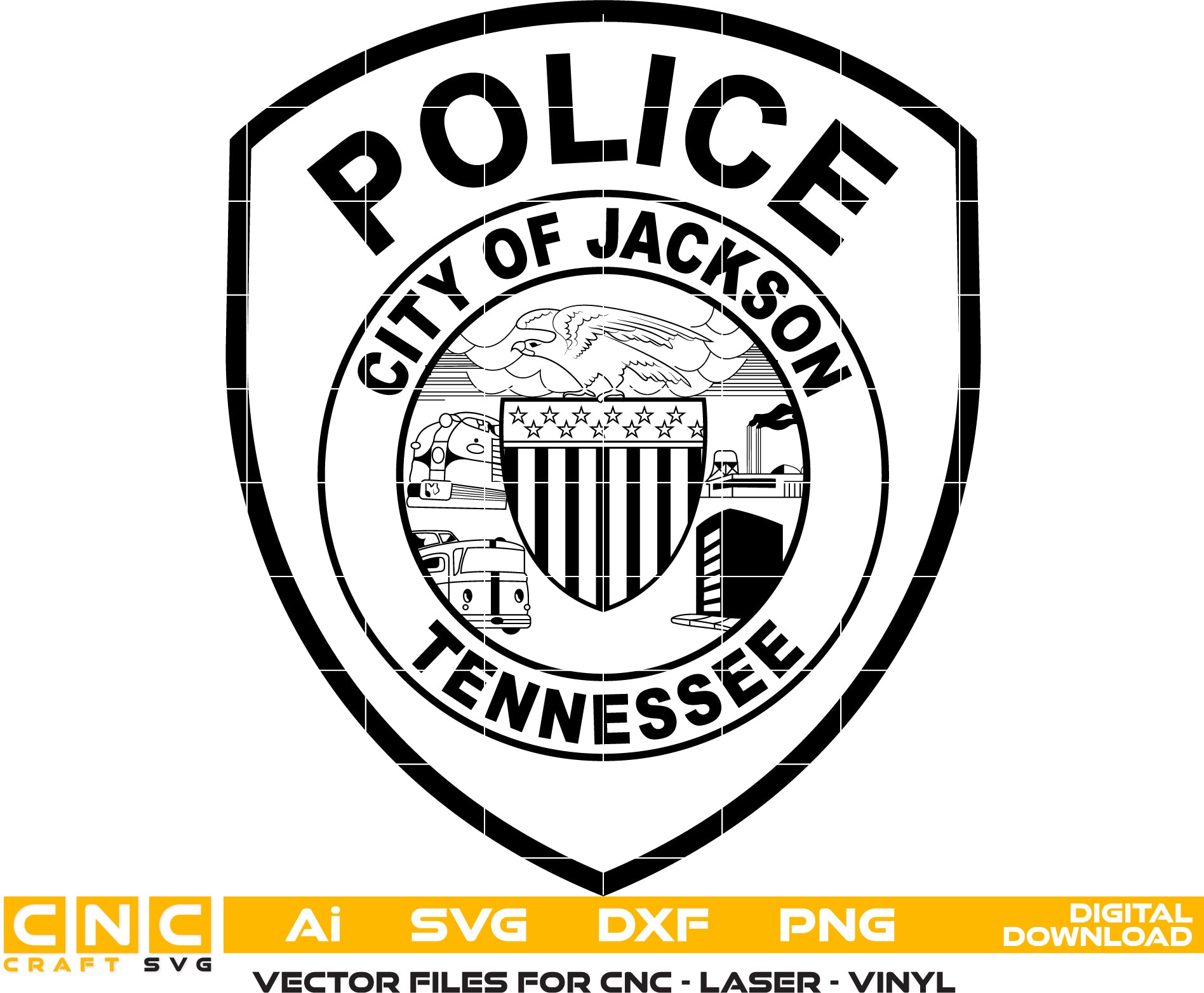 City of Jackson Police Badge/ Tennessee Police Badge Vector art Svg/ Dxf/ Jpg/ Png/ and Ai files For laser engraving/ woodworking/ acrylic painting and all printing machines.