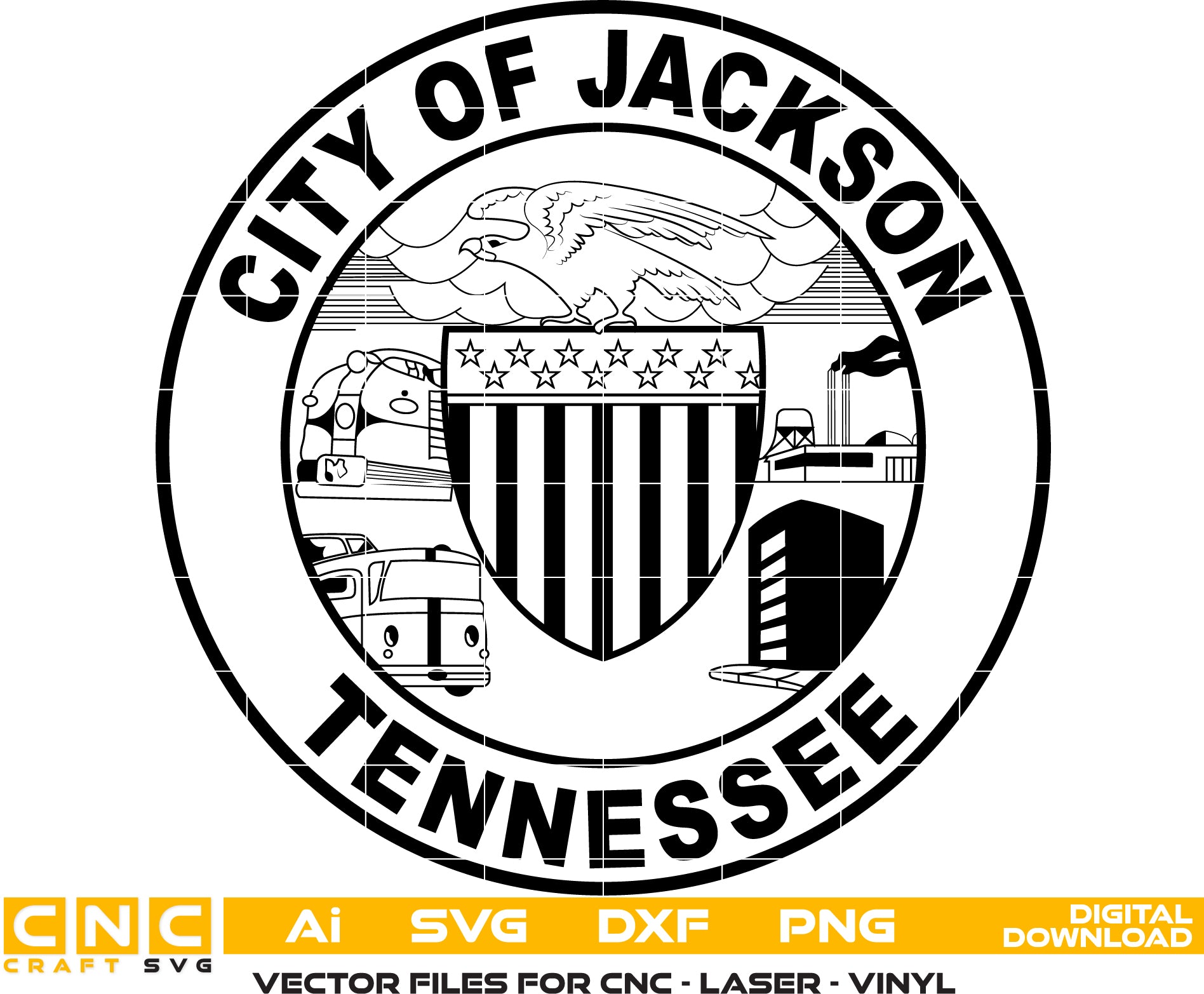 City of Jackson Seal, Tennessee Vector art Svg/ Dxf/ Jpg/ Png/ and Ai files For laser engraving/ woodworking/ acrylic painting and all printing machines.